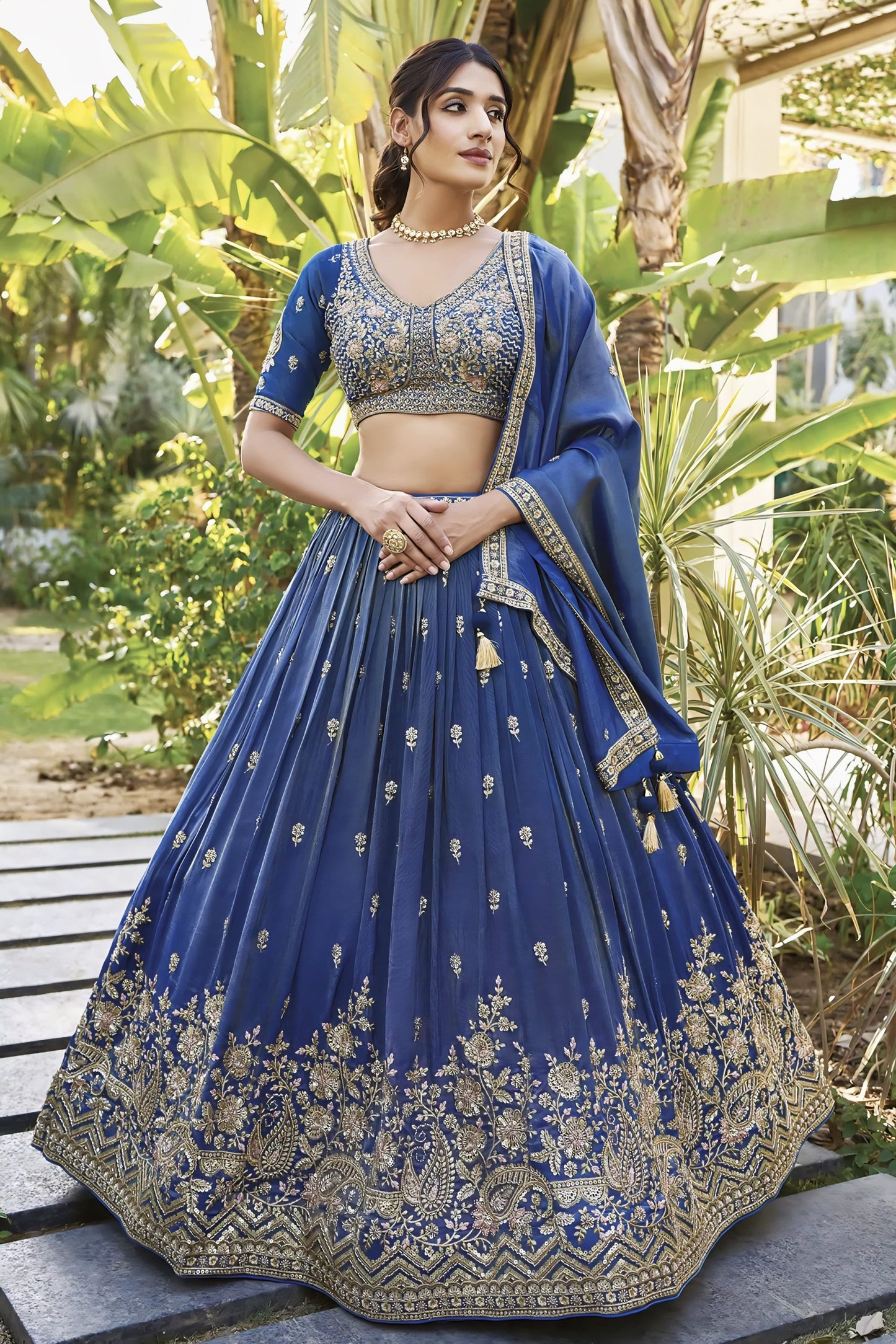 Classic Blue Designer Lehenga with Sequins Embroidery & Readymade Blouse