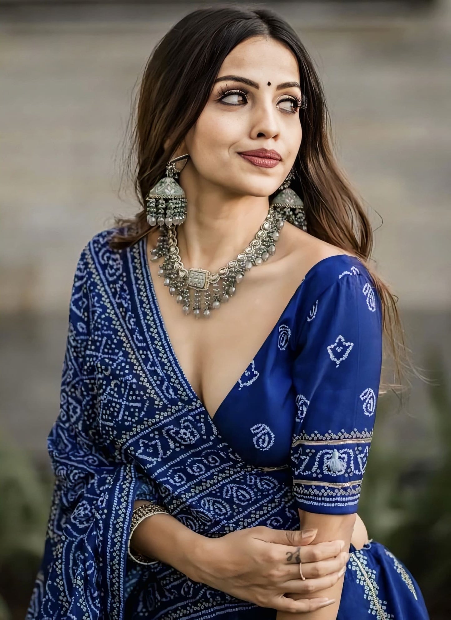 Blue Bandhani Print Silk Lehenga Choli with Muslin Silk Dupatta