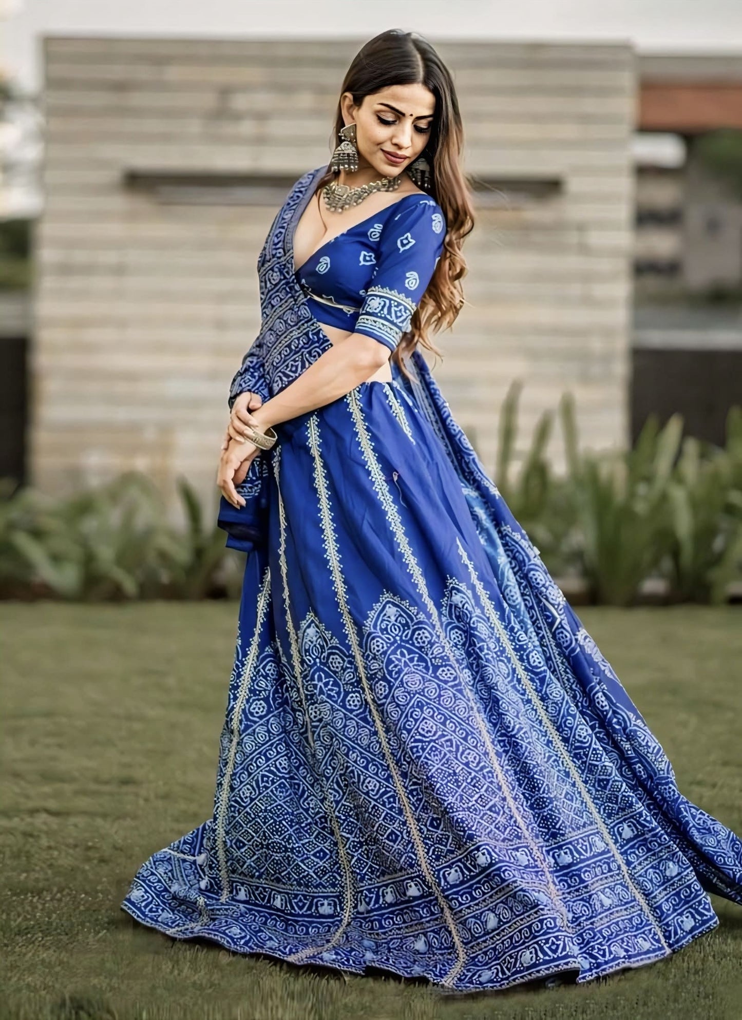 Blue Bandhani Print Silk Lehenga Choli with Muslin Silk Dupatta