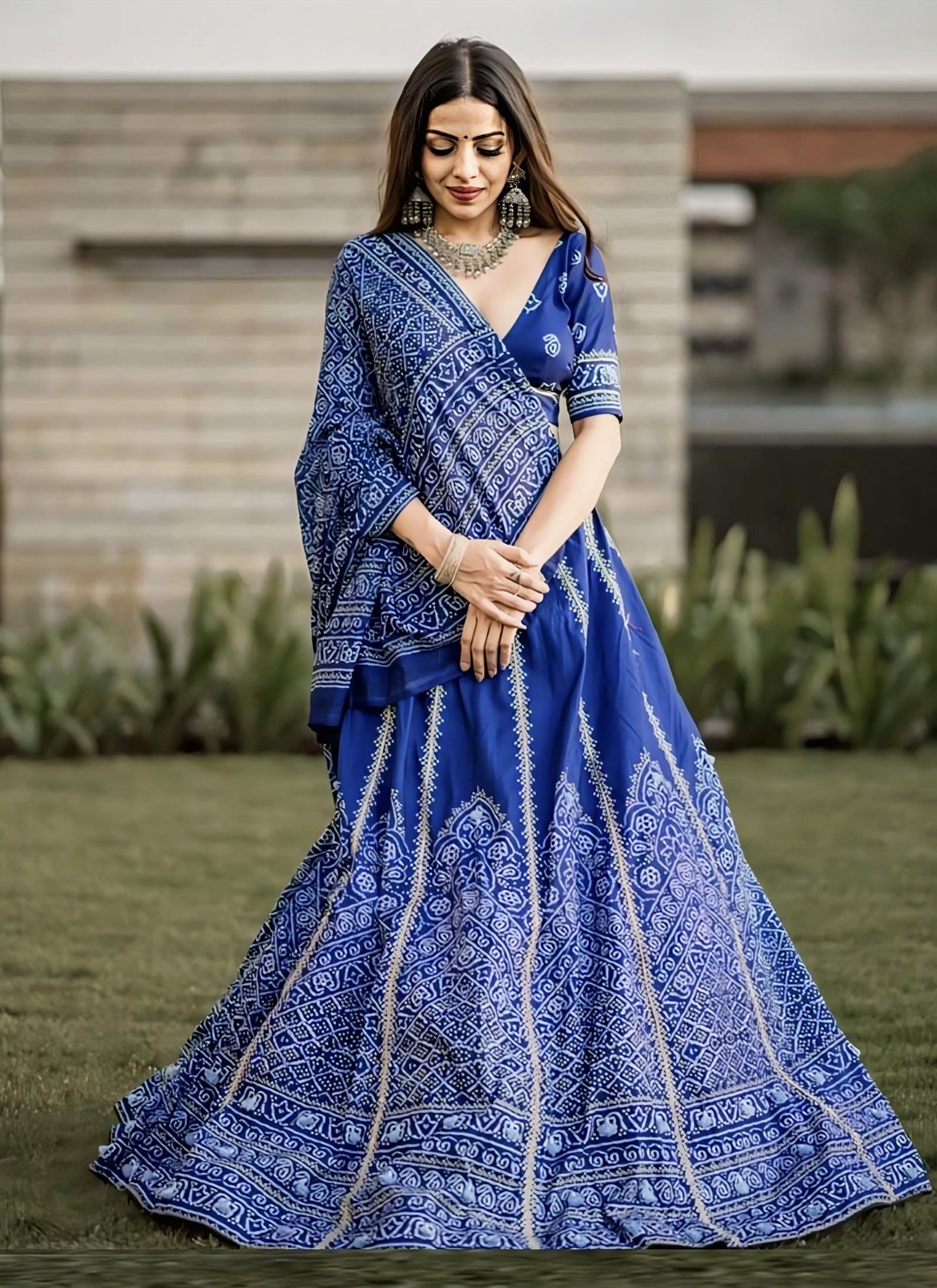 Blue Bandhani Print Silk Lehenga Choli with Muslin Silk Dupatta