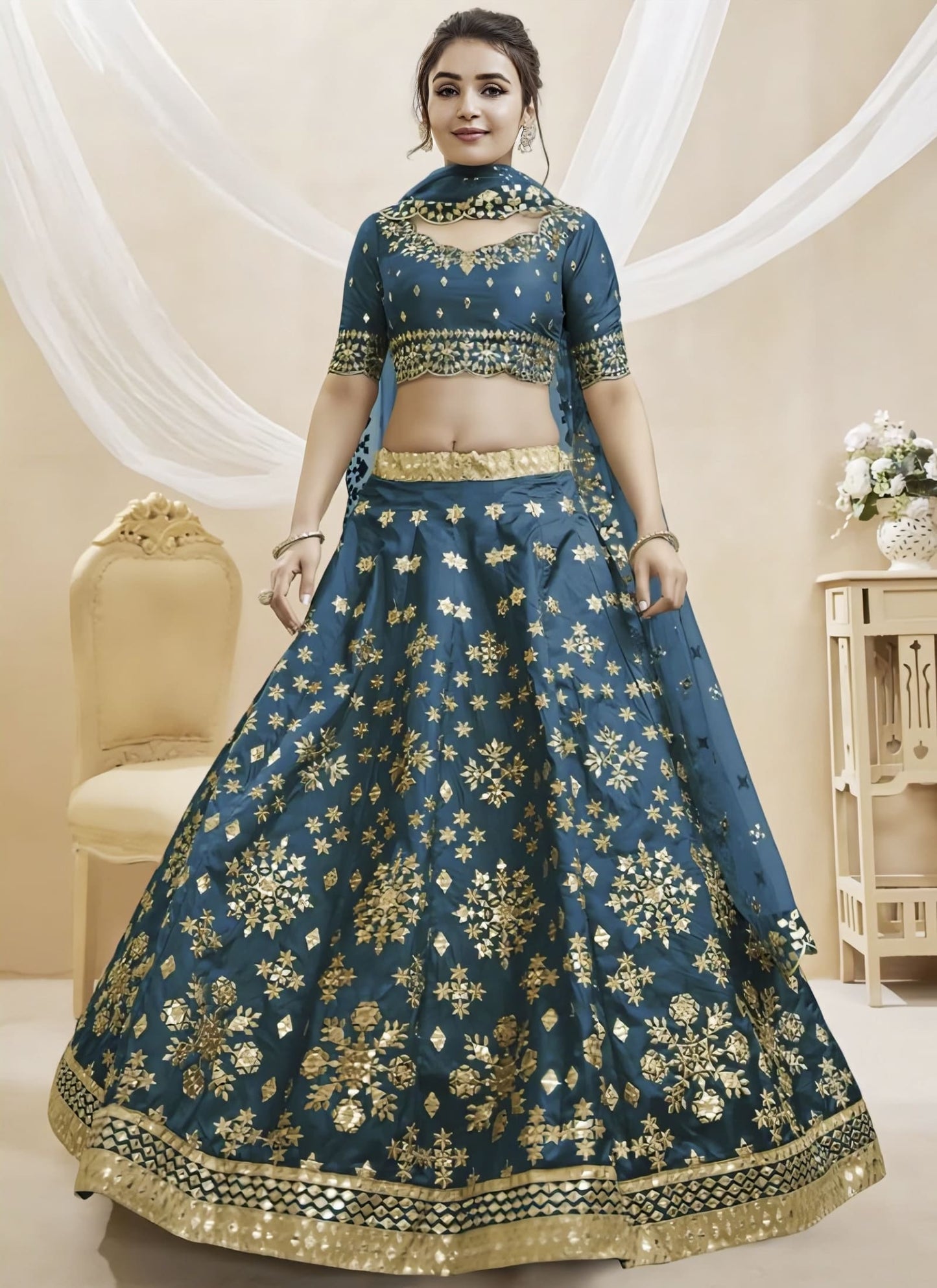 Teal Blue Mulberry Silk Lehenga Choli with Foil Mirror & Zari Embroidery