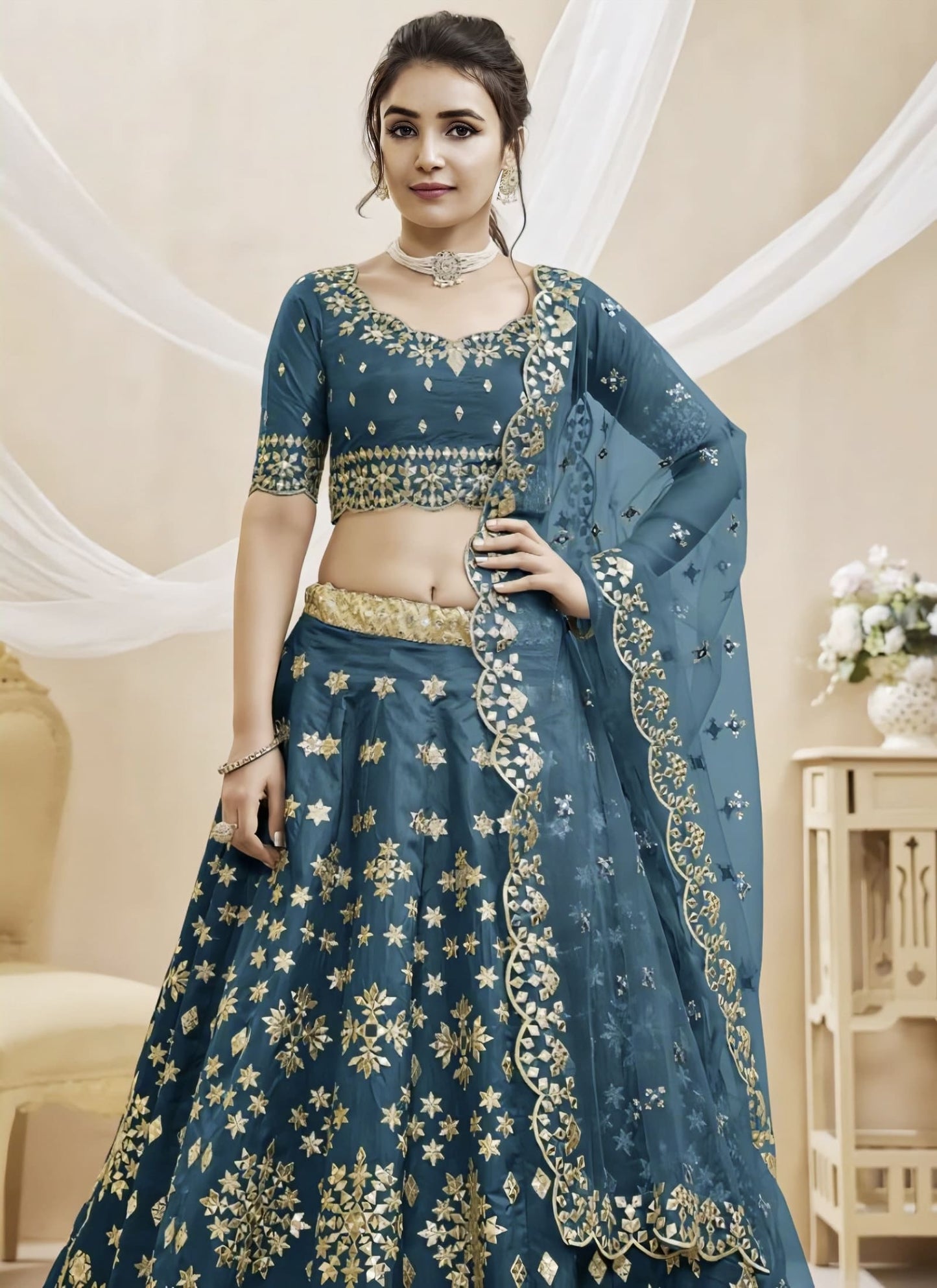 Teal Blue Mulberry Silk Lehenga Choli with Foil Mirror & Zari Embroidery