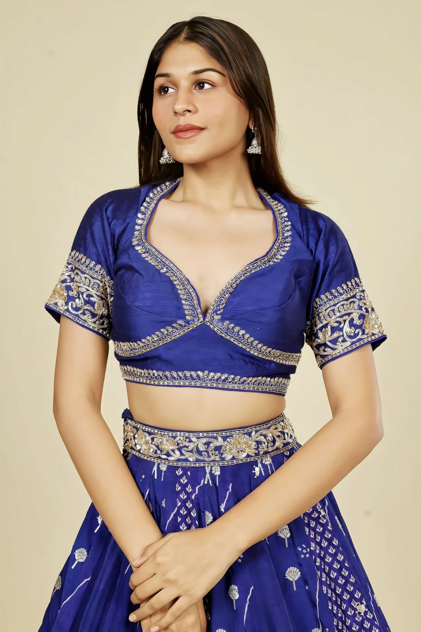 Royal Blue Crepe Silk Lehenga Set with Zardozi, Gota & Sequins Embroidery