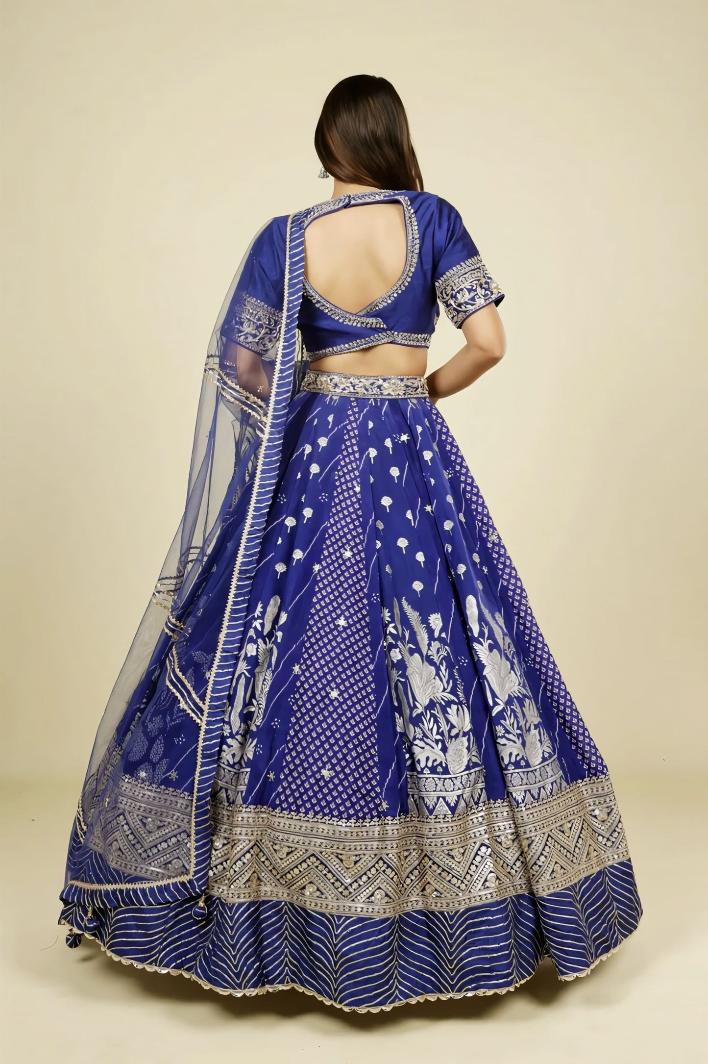 Royal Blue Crepe Silk Lehenga Set with Zardozi, Gota & Sequins Embroidery