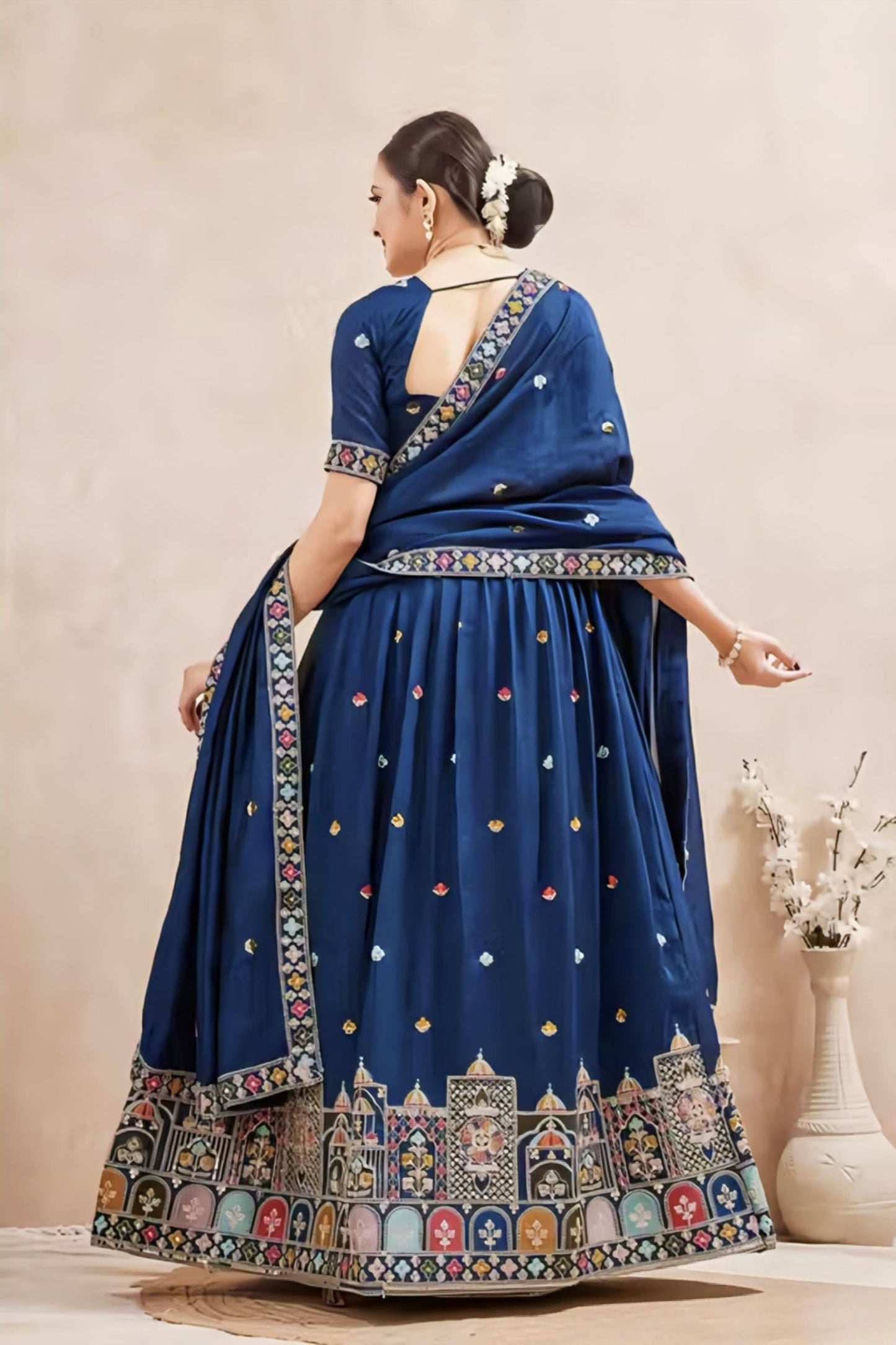 Navy Blue Vichitra Silk Lehenga Choli with Temple Embroidery & Dupatta