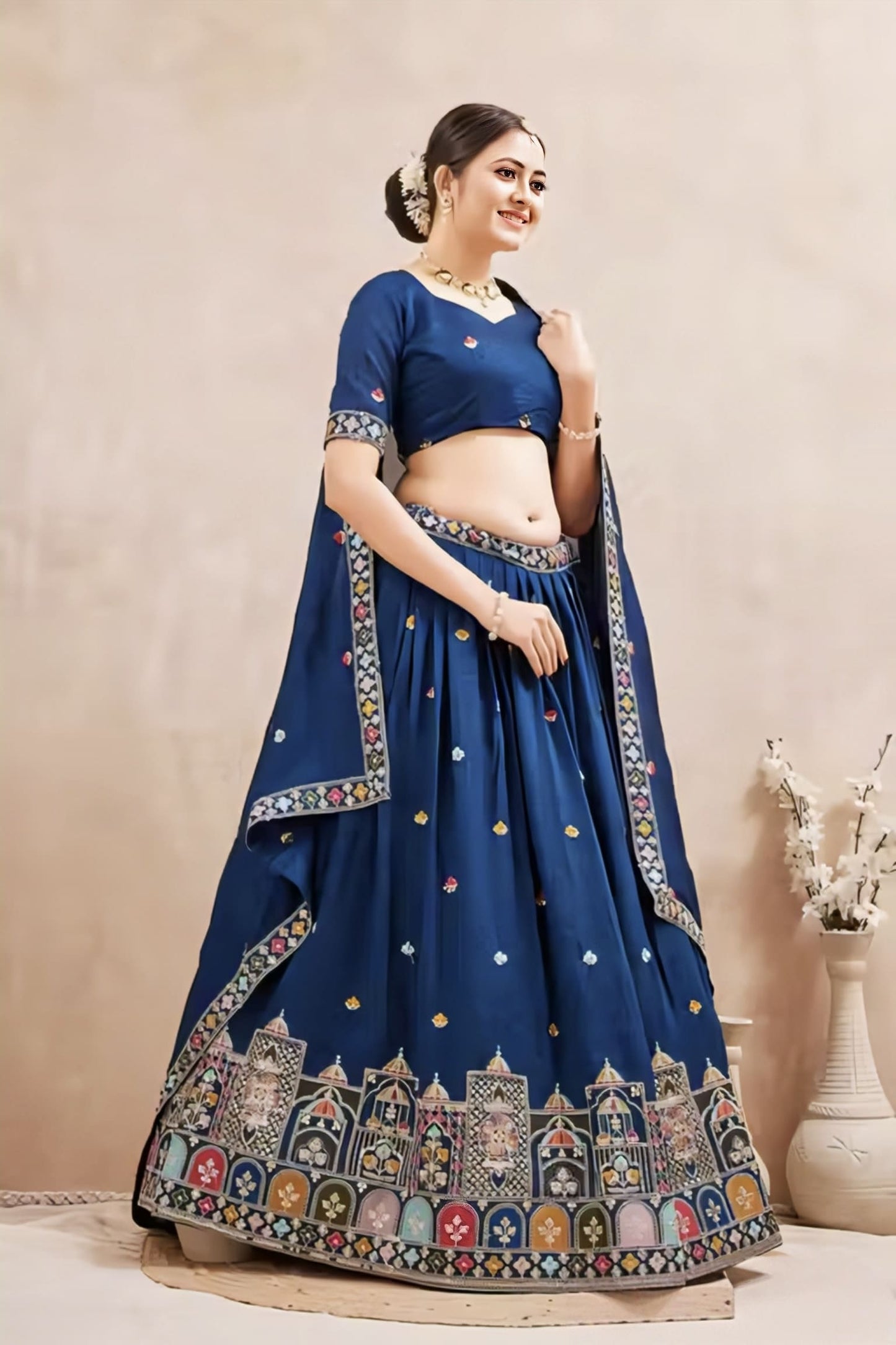 Navy Blue Vichitra Silk Lehenga Choli with Temple Embroidery & Dupatta