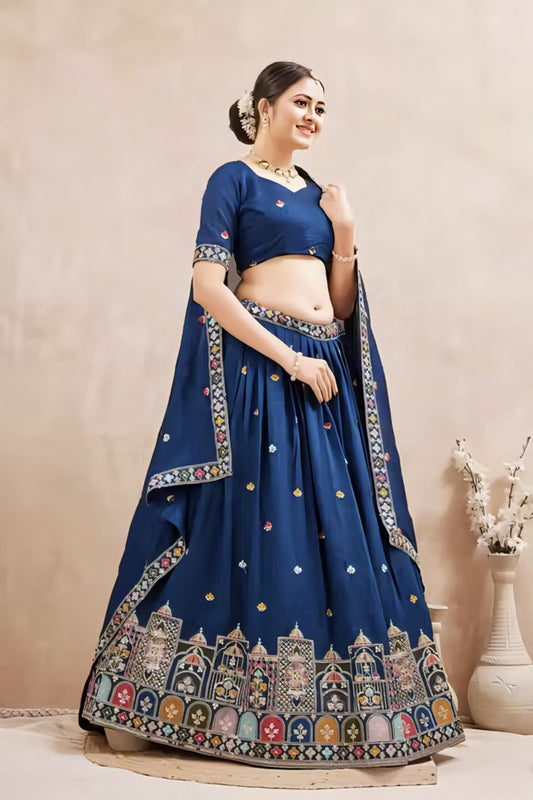 Navy Blue Vichitra Silk Lehenga Choli with Temple Embroidery & Dupatta