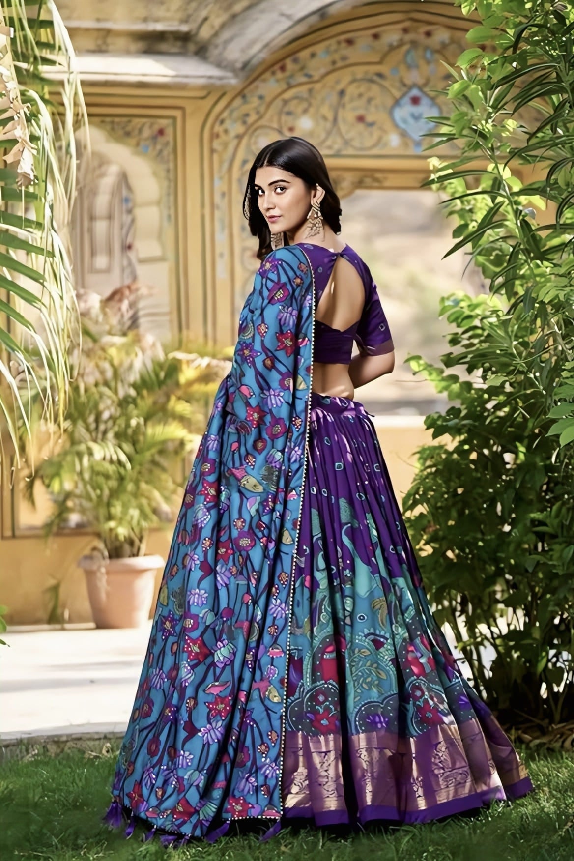 Royal Blue Silk Lehenga Choli with Kalamkari Print & Embroidery Work