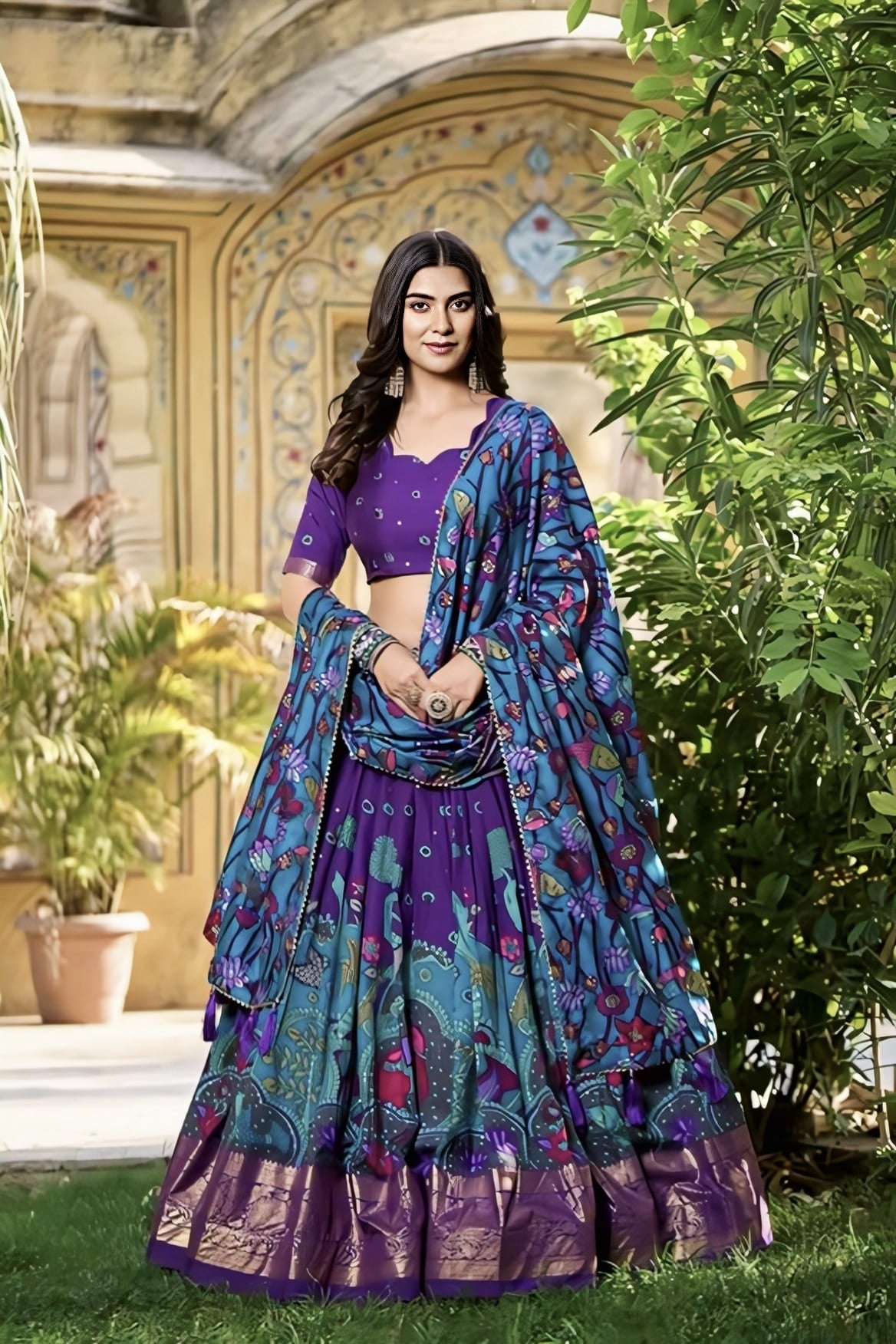 Royal blue silk lehenga choli with Kalamkari print, embroidery work, sleeveless V-neck design, and festive traditional look for women and girls
