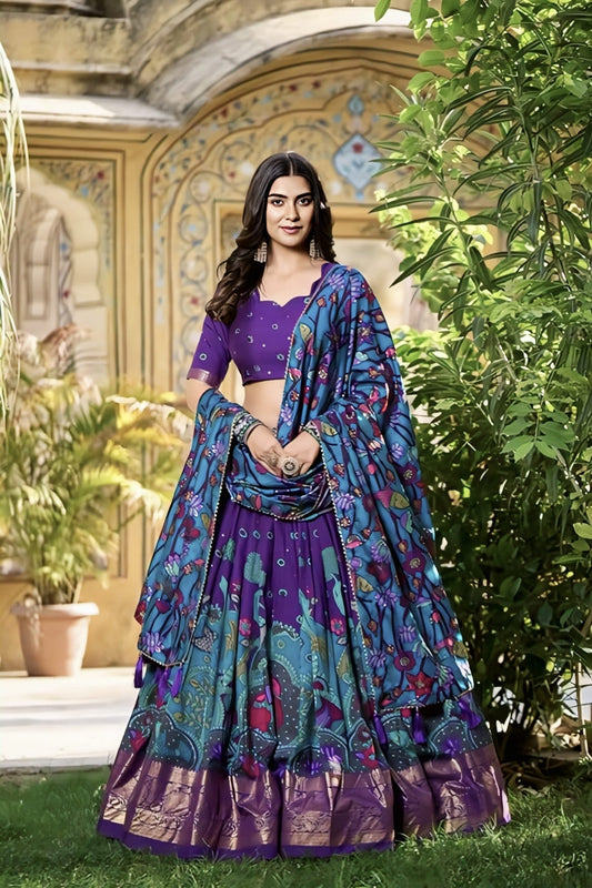 Royal blue silk lehenga choli with Kalamkari print, embroidery work, sleeveless V-neck design, and festive traditional look for women and girls