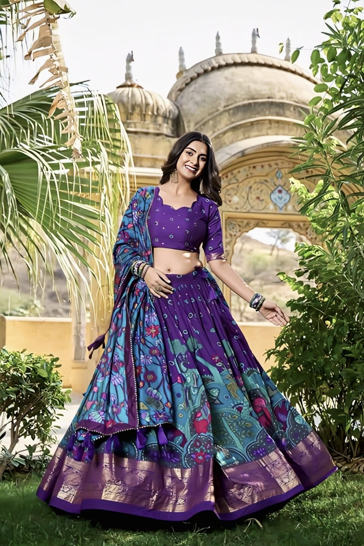 Royal Blue Silk Lehenga Choli with Kalamkari Print & Embroidery Work