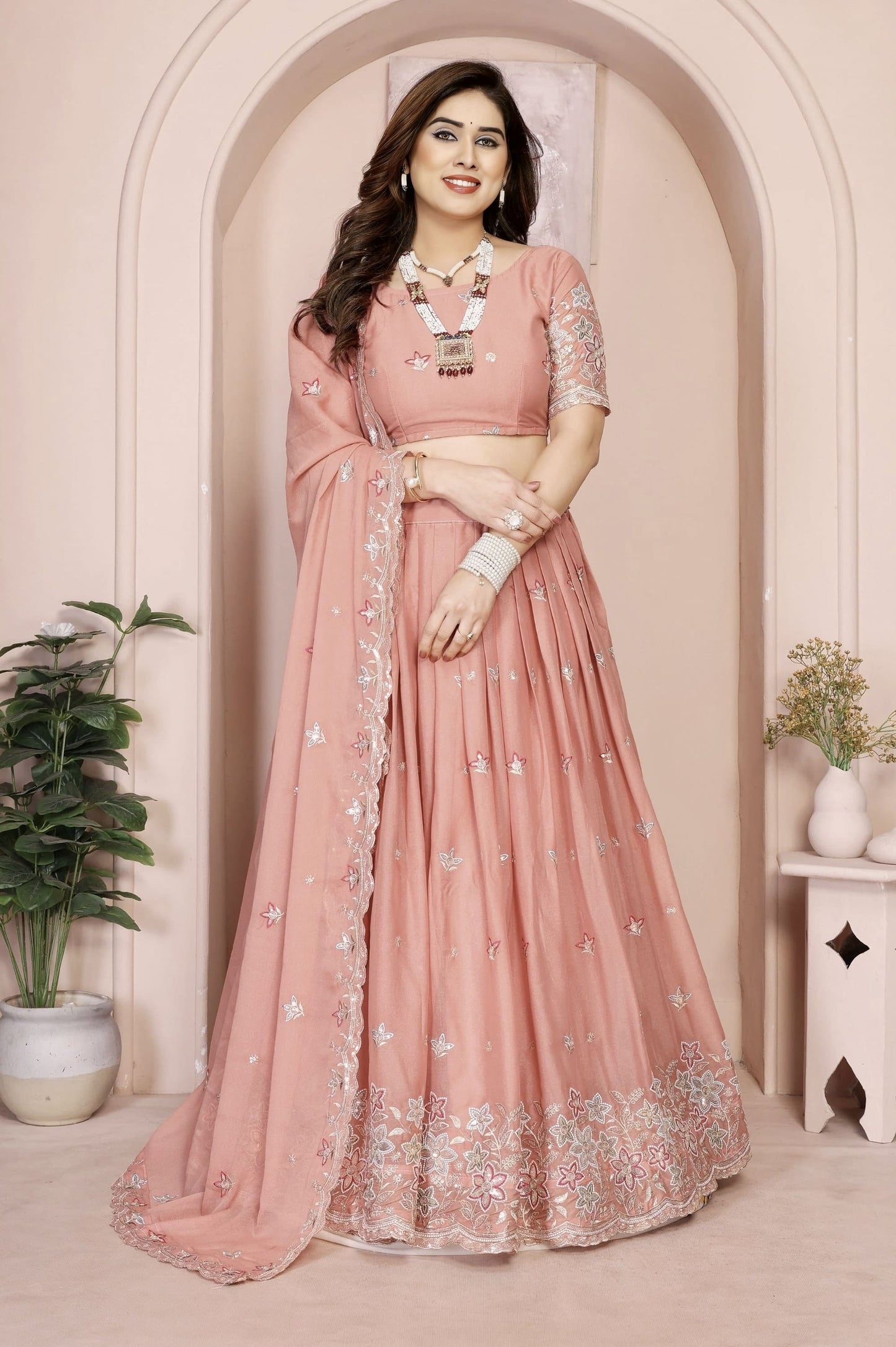Peach pink floral embroidered lehenga choli with dupatta in micro cotton and georgette silk blend fabric