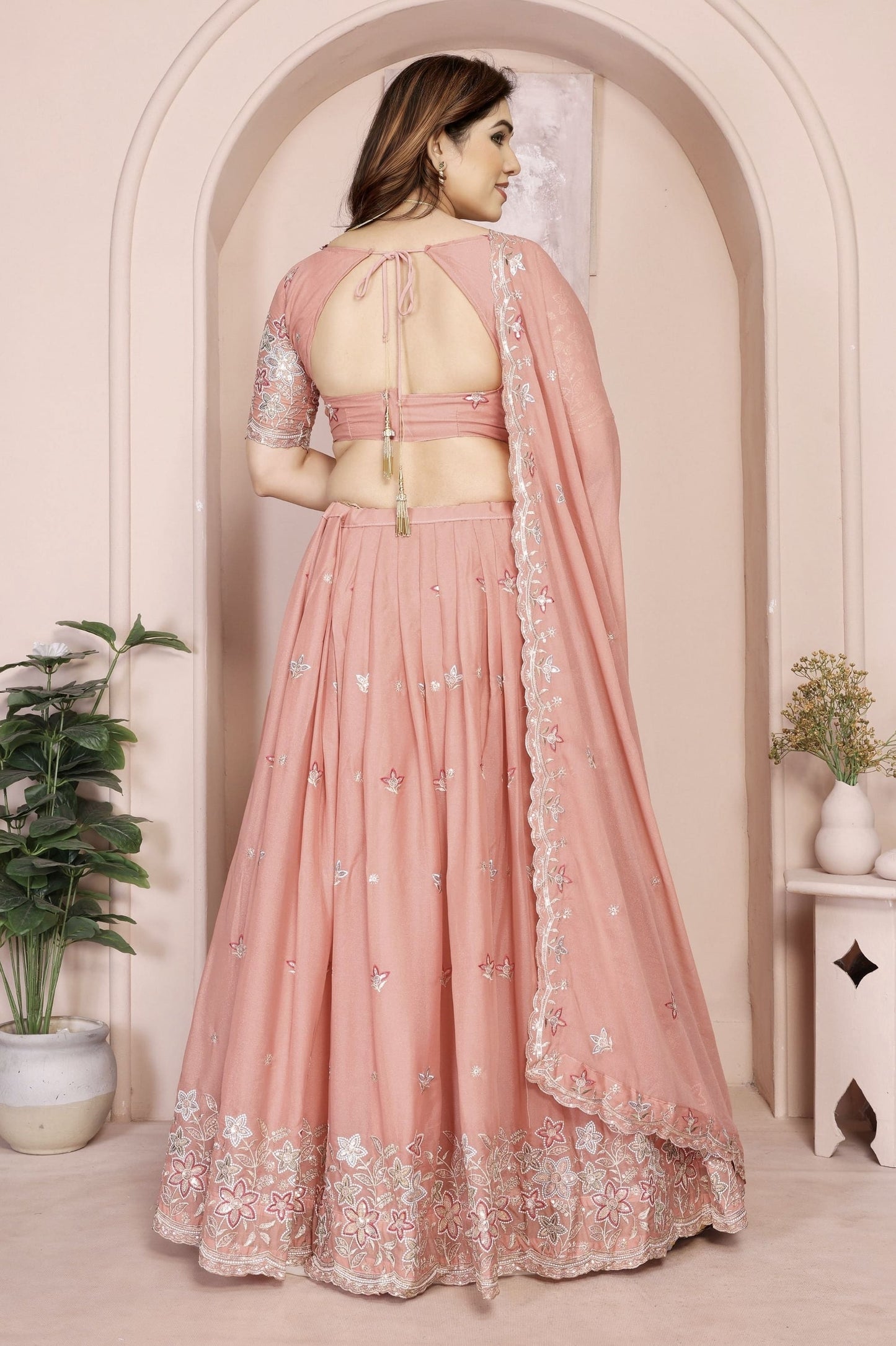 Peach Pink Floral Embroidered Lehenga Choli with Dupatta | Silk Blend Wedding & Festive Wear
