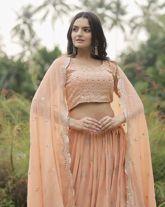 Peach Faux Georgette Lehenga Choli with Heavy Sequins & Zari Embroidery