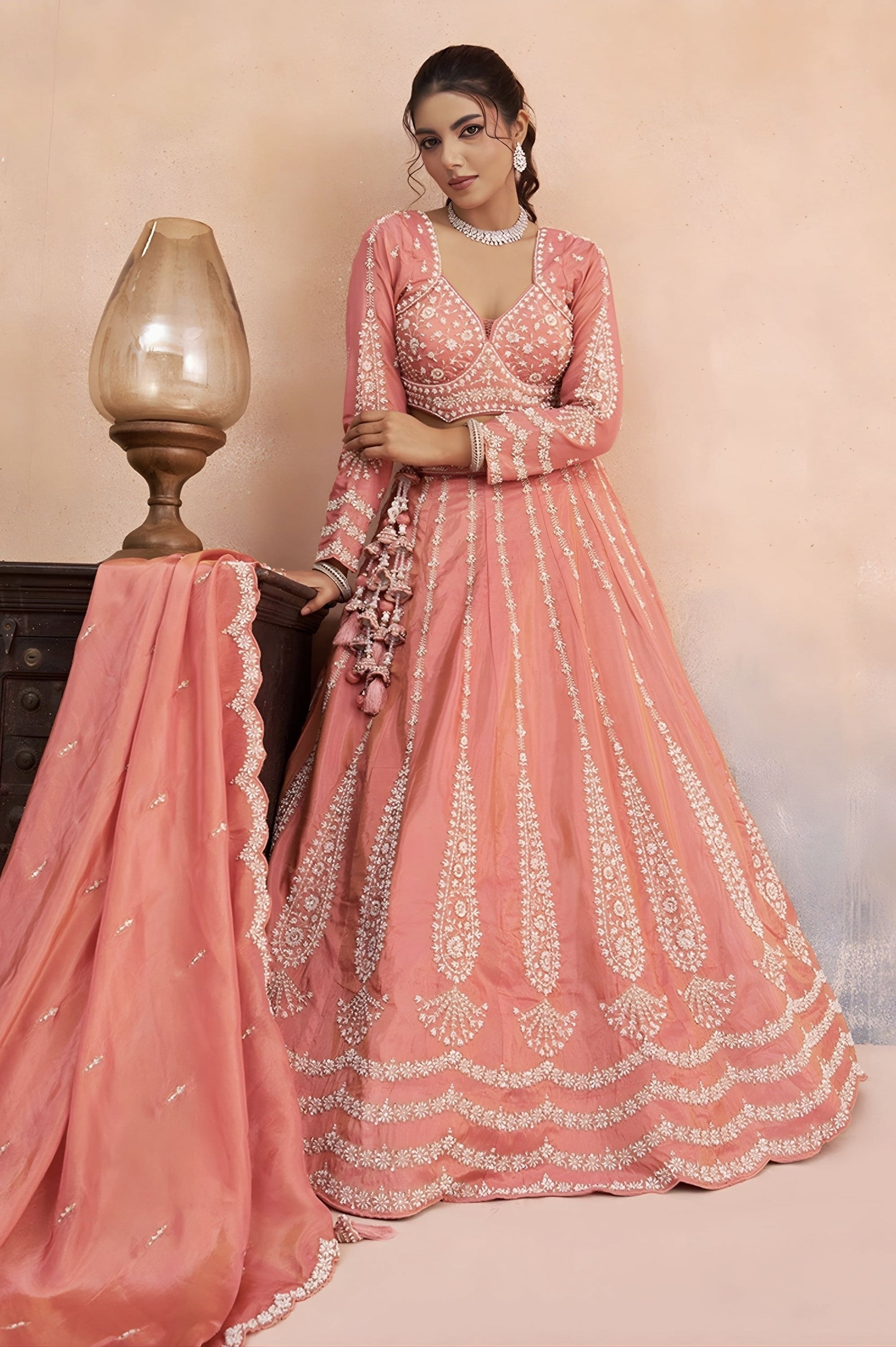 Peach Tissue Wedding Lehenga Choli with Sequins Embroidery