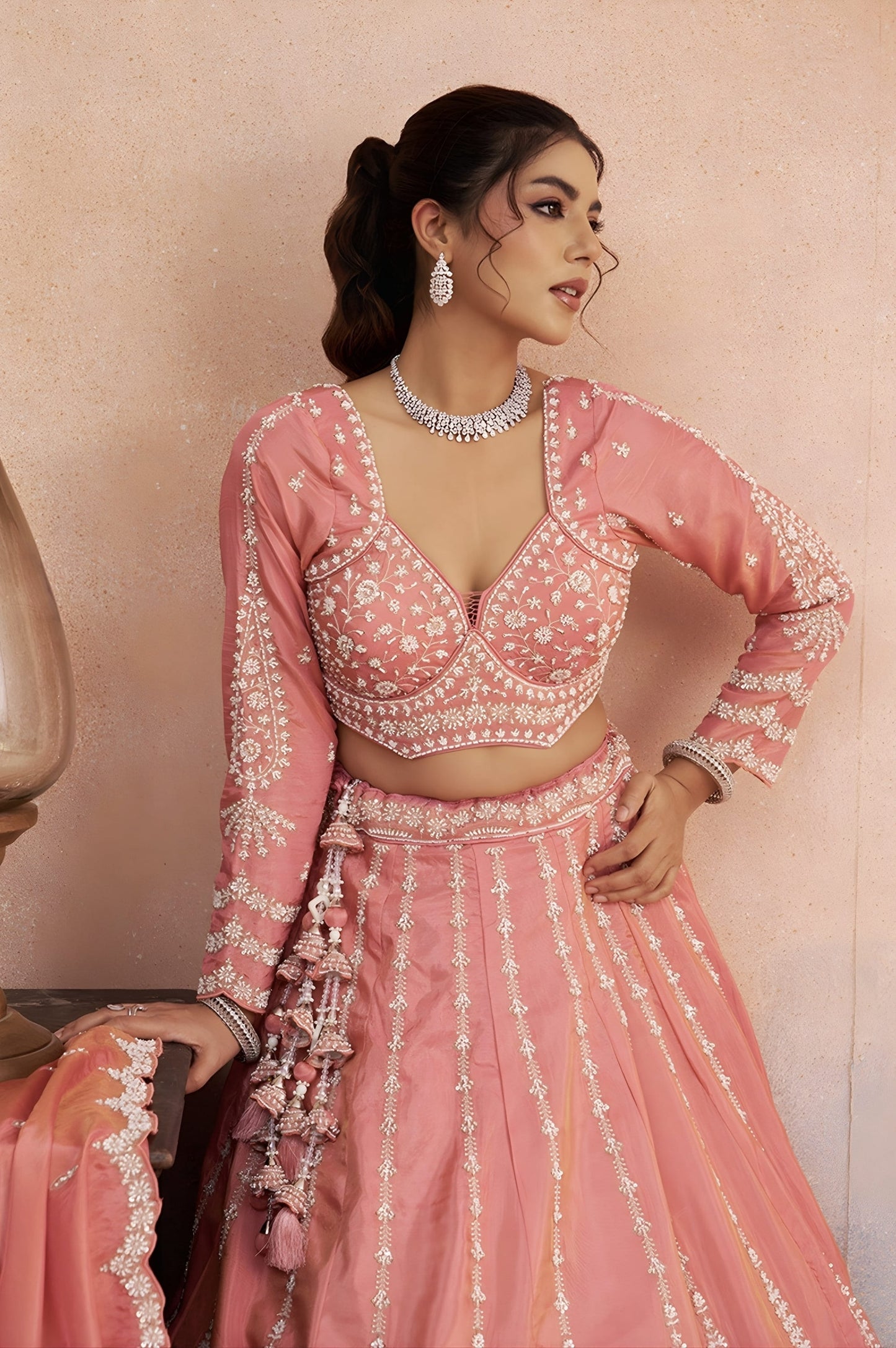 Peach Tissue Wedding Lehenga Choli with Sequins, Thread & Embroidery Work