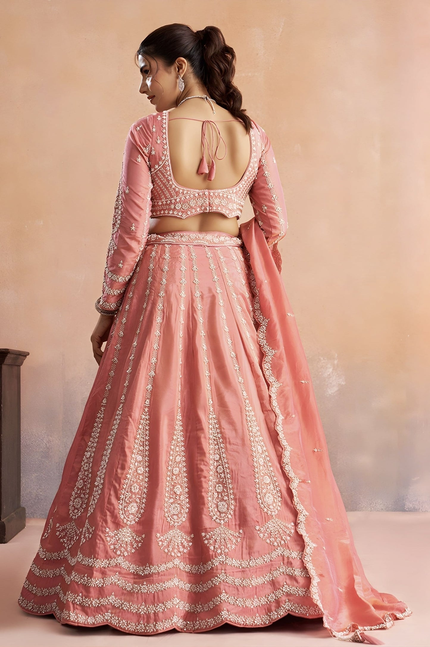 Peach Tissue Wedding Lehenga Choli with Sequins, Thread & Embroidery Work