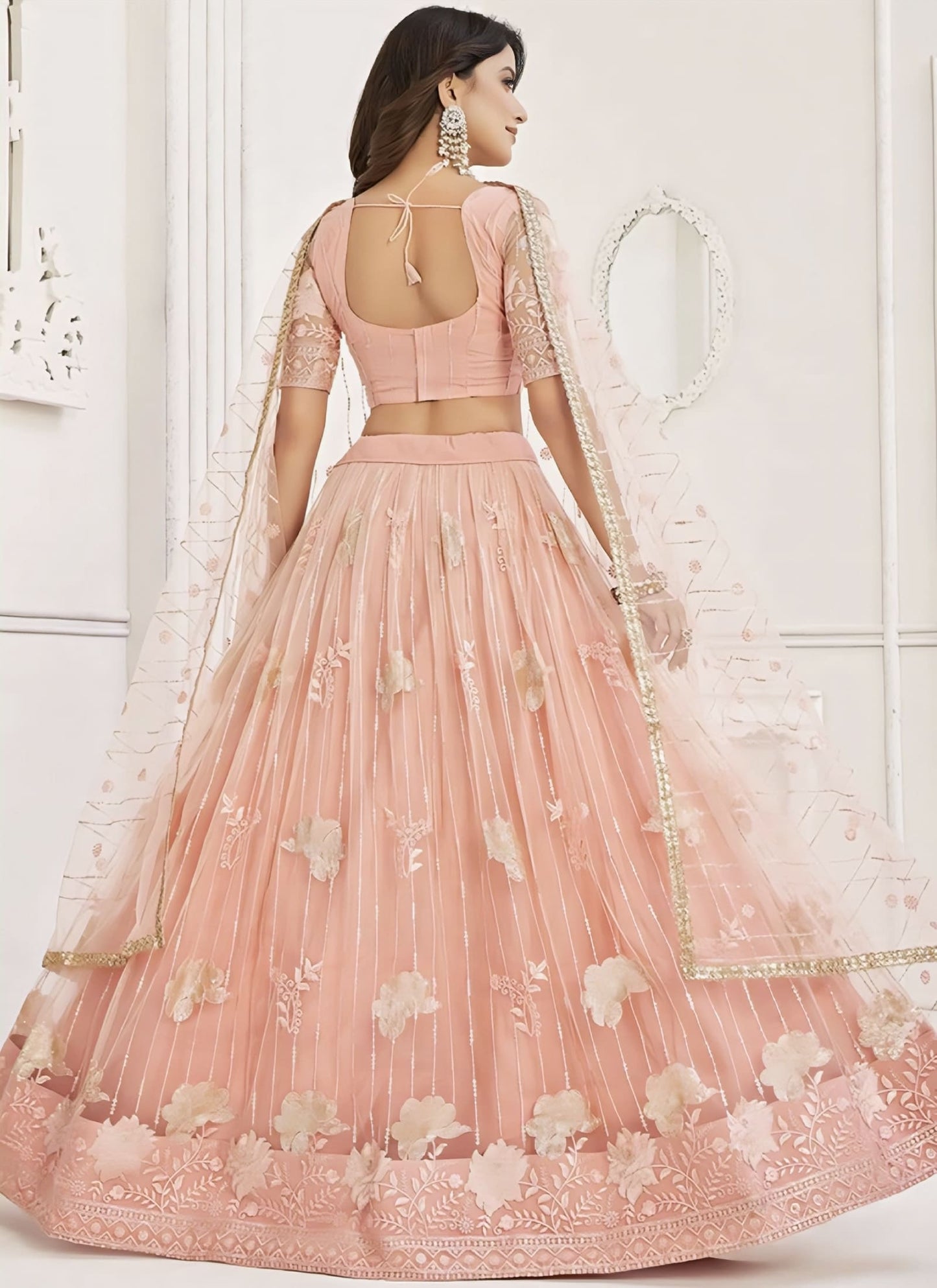 Peach Embroidered Net Lehenga Choli with Sequins, Zari & Thread Work