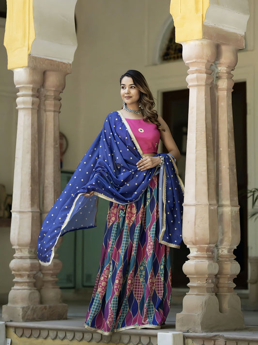 Pink and blue printed silk blend semi-stitched lehenga with unstitched blouse and blue art silk dupatta for festive and wedding wear