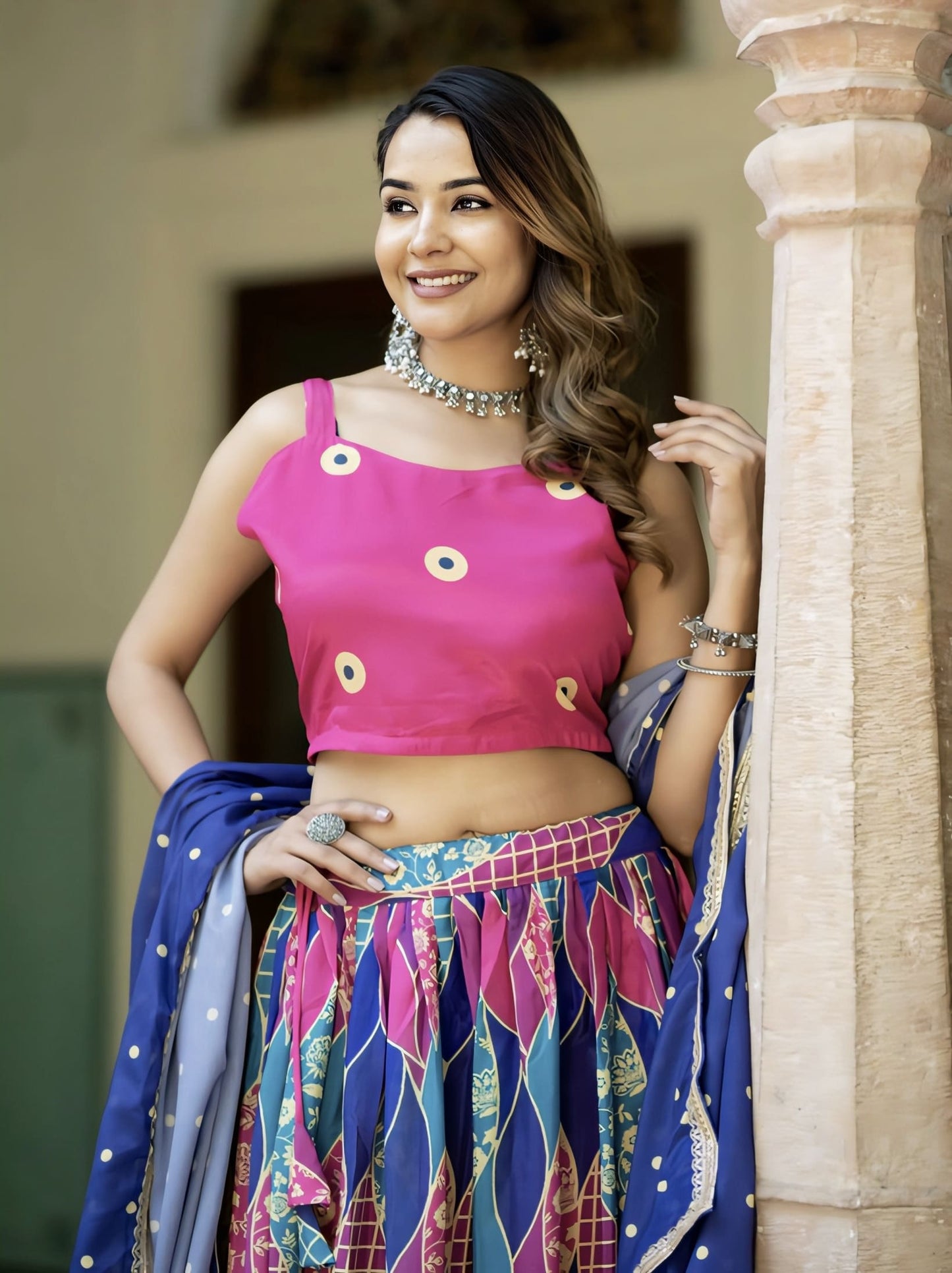 Pink & Blue Printed Silk Blend Lehenga with Unstitched Blouse & Dupatta
