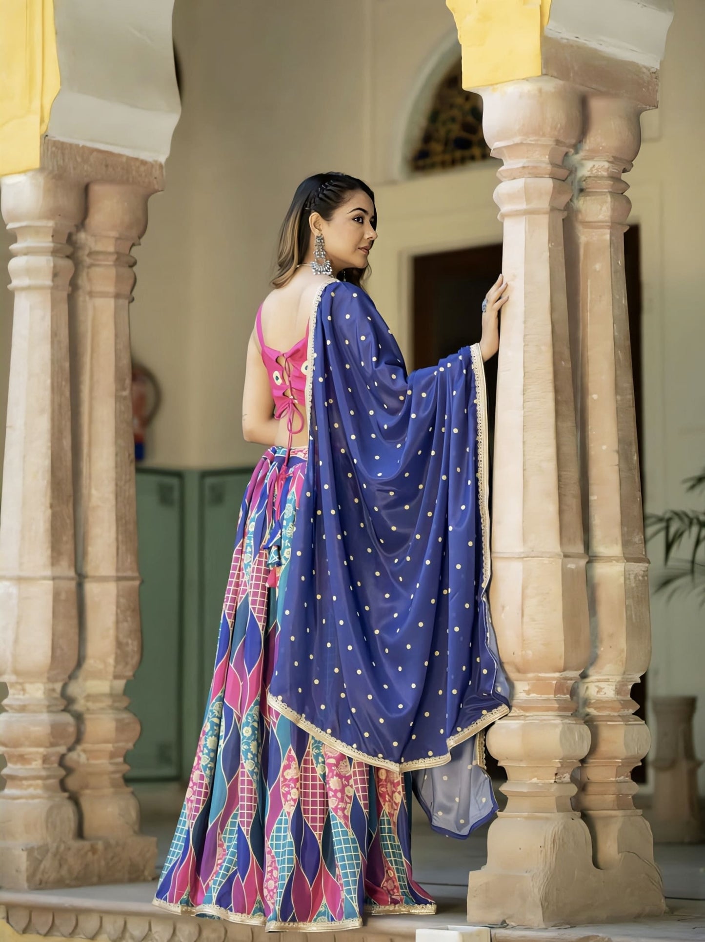 Pink & Blue Printed Silk Blend Lehenga with Unstitched Blouse & Dupatta