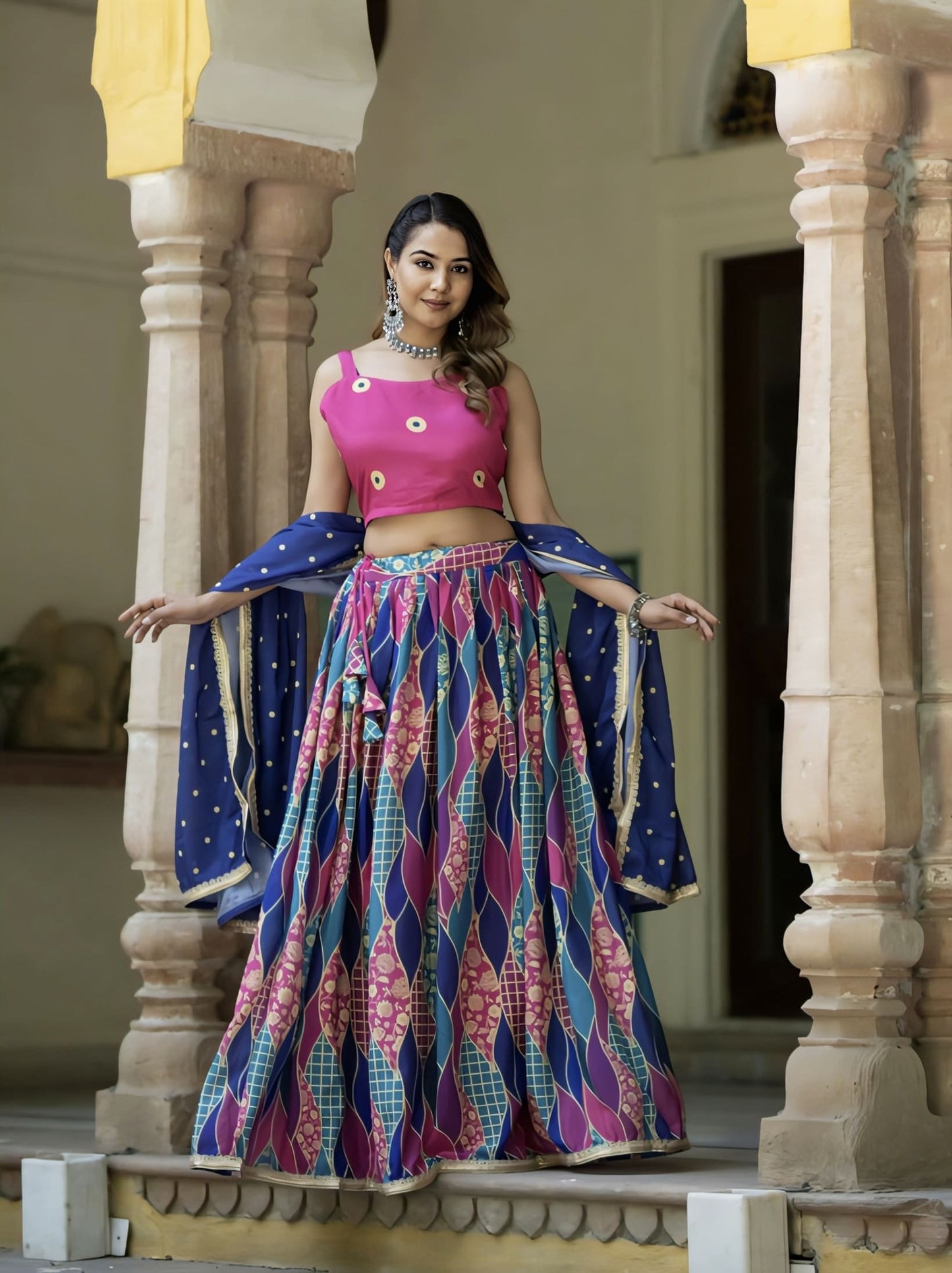 Pink & Blue Printed Silk Blend Lehenga with Unstitched Blouse & Dupatta