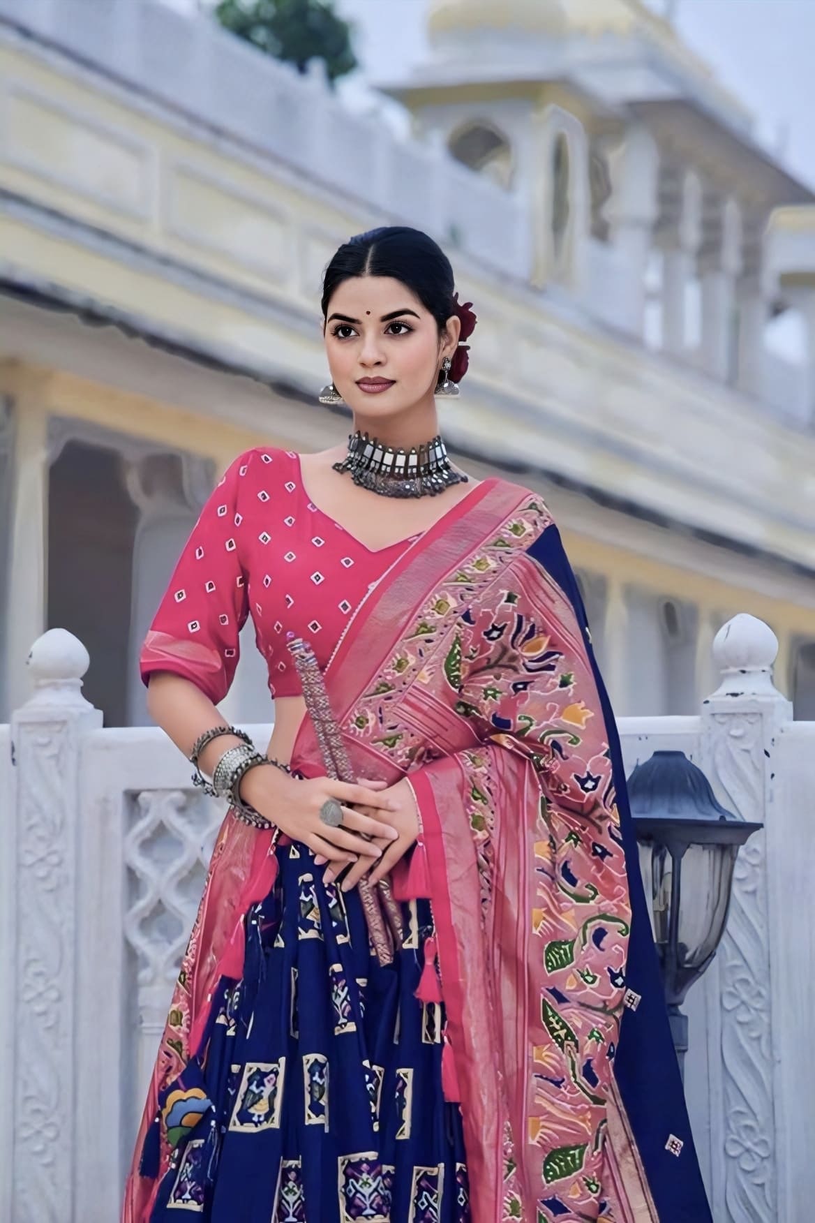 Blue Tussar Silk Lehenga Choli with Pink Bandhani Peacock Foil Print Blouse