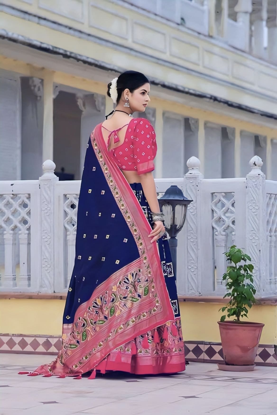 Blue Tussar Silk Lehenga Choli with Pink Bandhani Peacock Foil Print Blouse