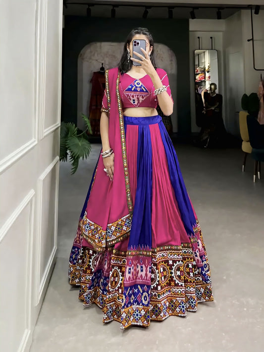 Royal blue rayon silk lehenga choli with Gamthi work, original mirror detailing, printed silk fabric, and paper mirror lace touch-up for festive wear