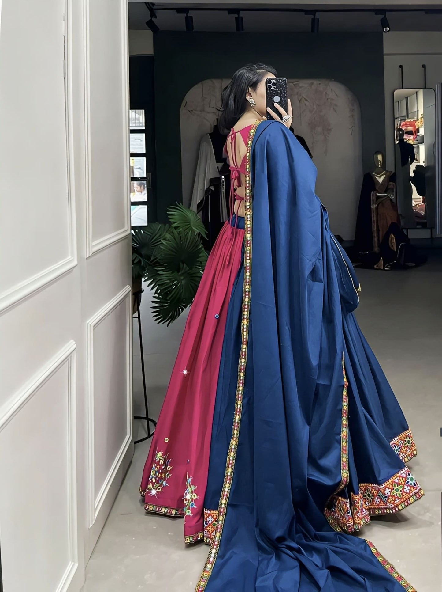 Pink & Blue Pure Cotton Navratri Lehenga Choli with Mirror & Gamthi Work