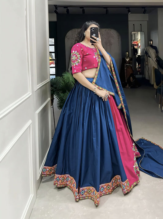 Pink & Blue Color Pure Cotton Original Mirror Handwork & Gamthi Work Navratri Lehenga Choli
