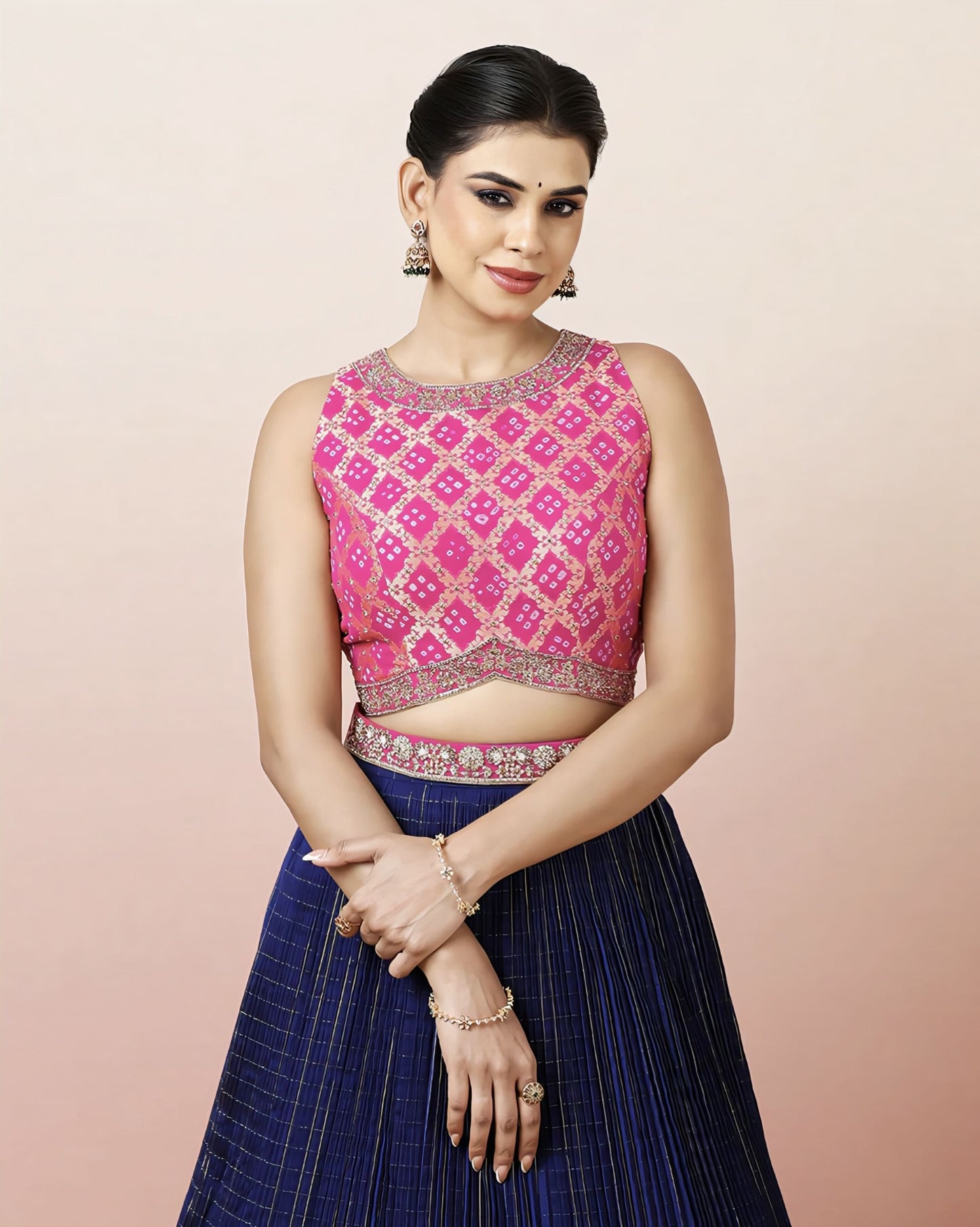 Pink Bandhej Blouse with Navy Blue Hand Block Printed Skirt & Detachable Belt
