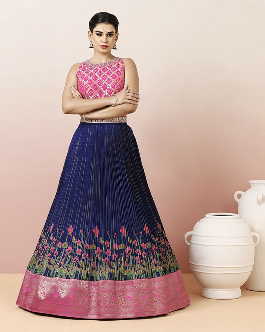 Pink Bandhej Blouse with Navy Blue Hand Block Printed Skirt & Detachable Belt