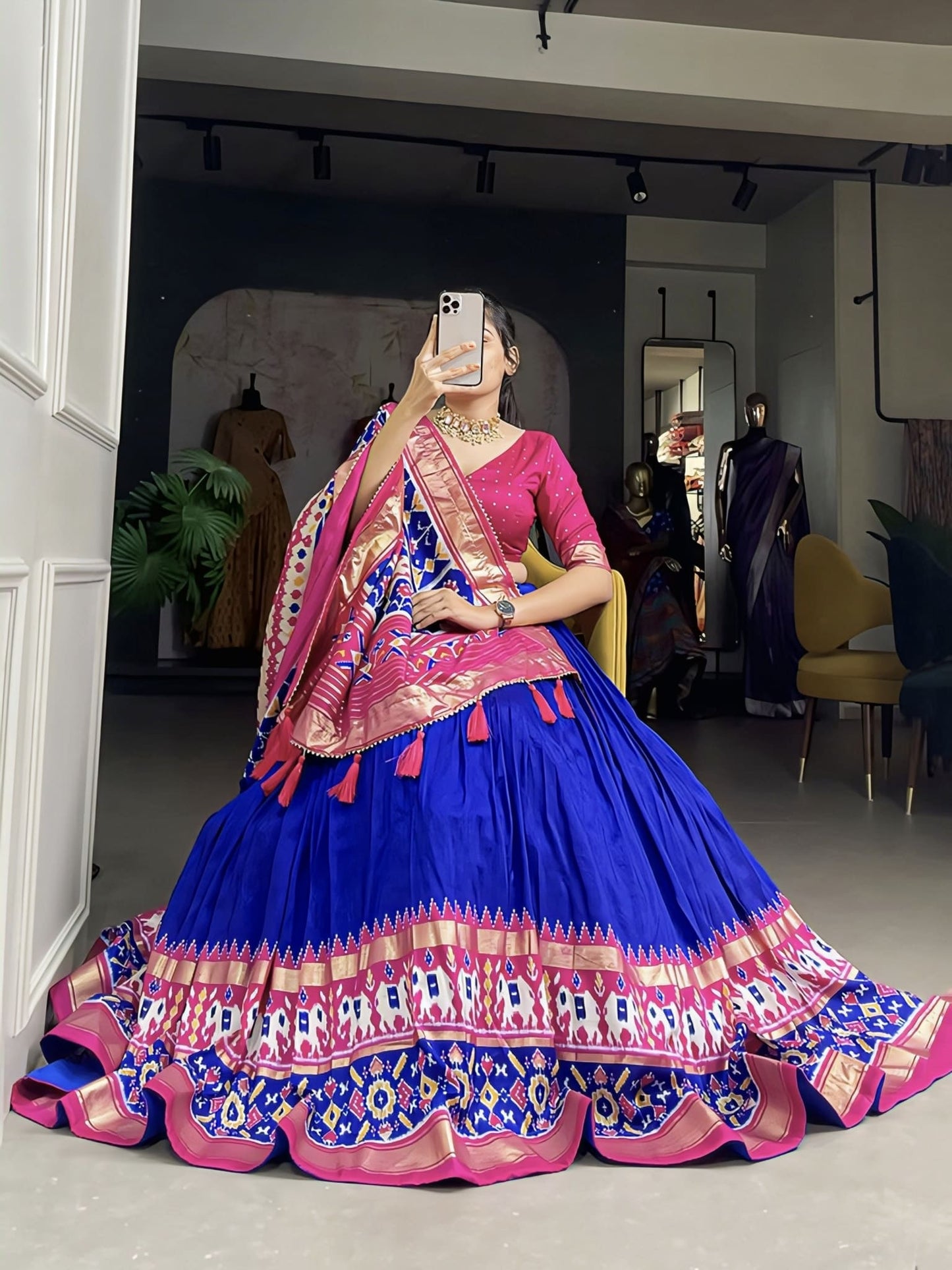 Royal Blue Tussar Silk Lehenga Choli with Ikkat Patola Print & Foil Work