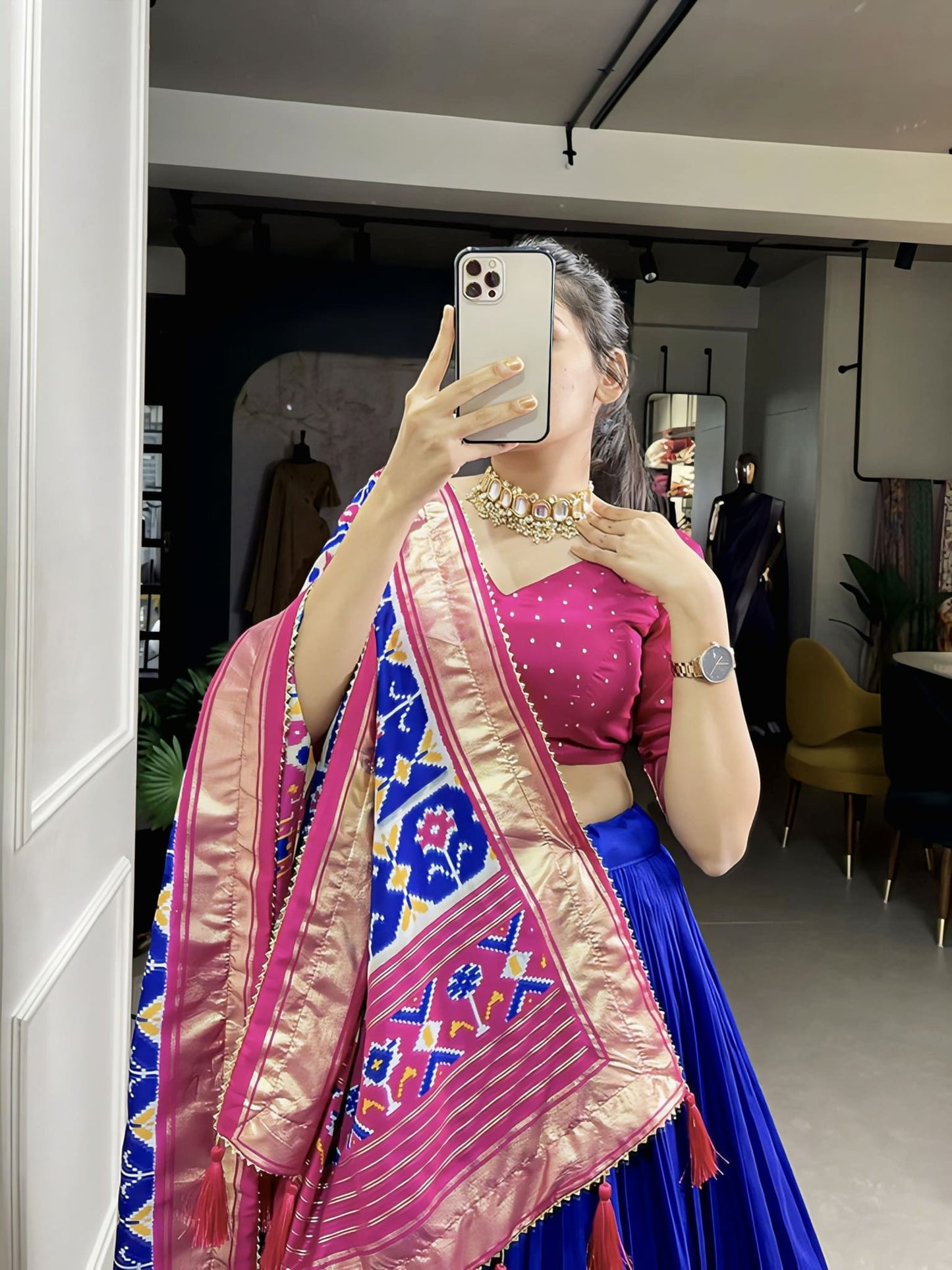 Royal Blue Tussar Silk Lehenga Choli with Ikkat Patola Print & Foil Work
