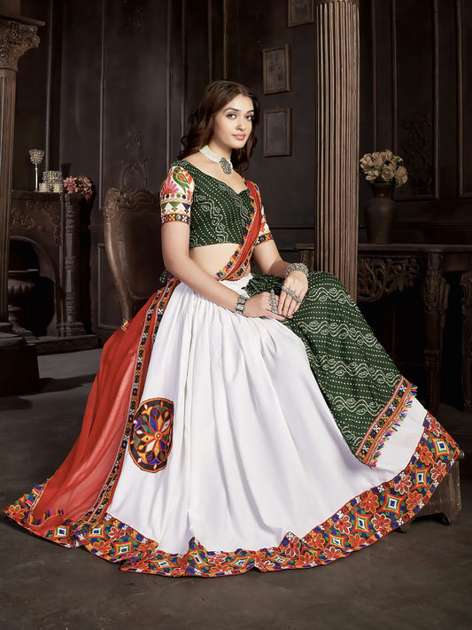 White & Green Bandhej Print Navratri Lehenga with Banglory Silk Choli & Red Dupatta