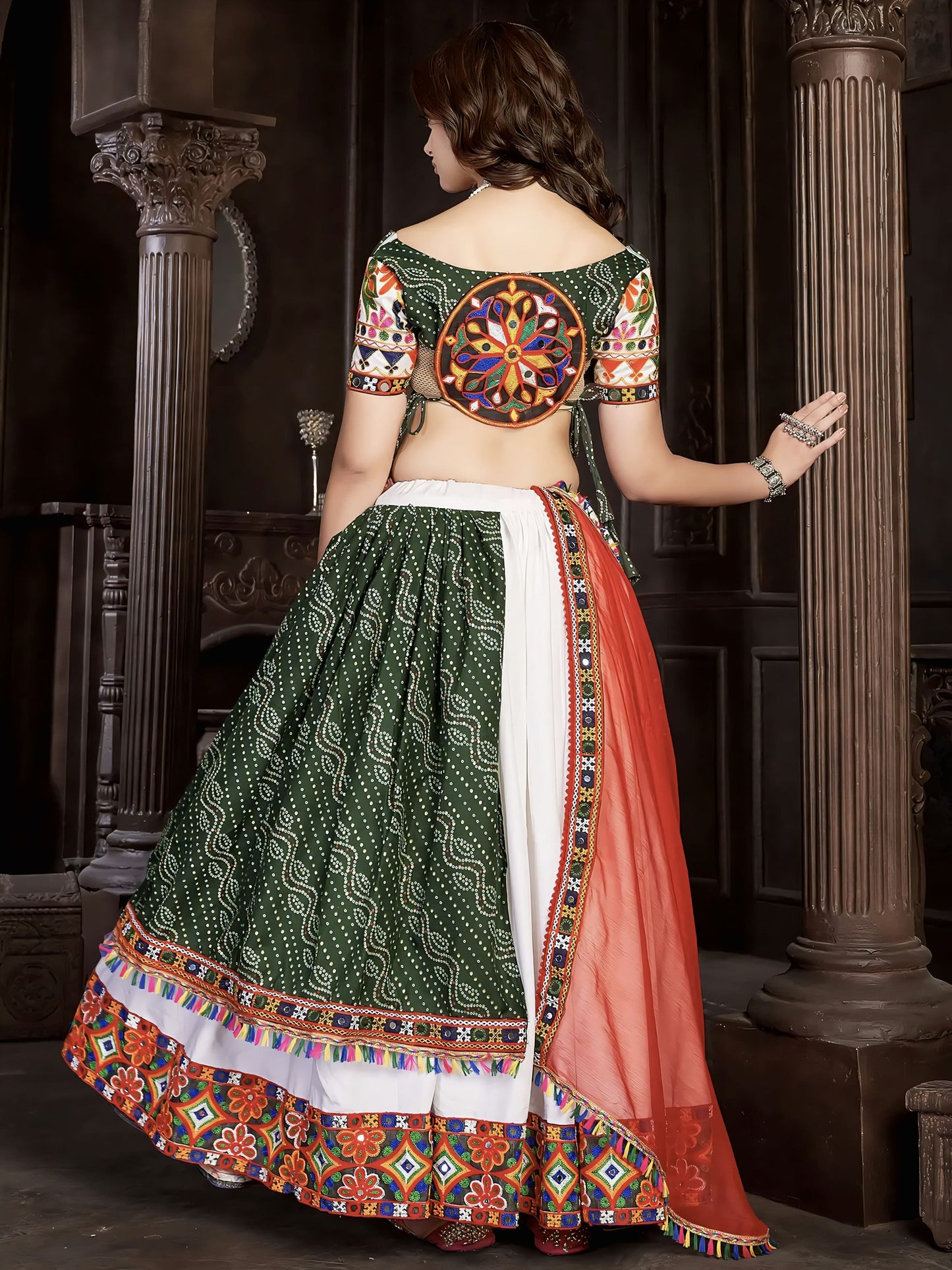 White & Green Bandhej Print Navratri Lehenga with Banglory Silk Choli & Red Dupatta
