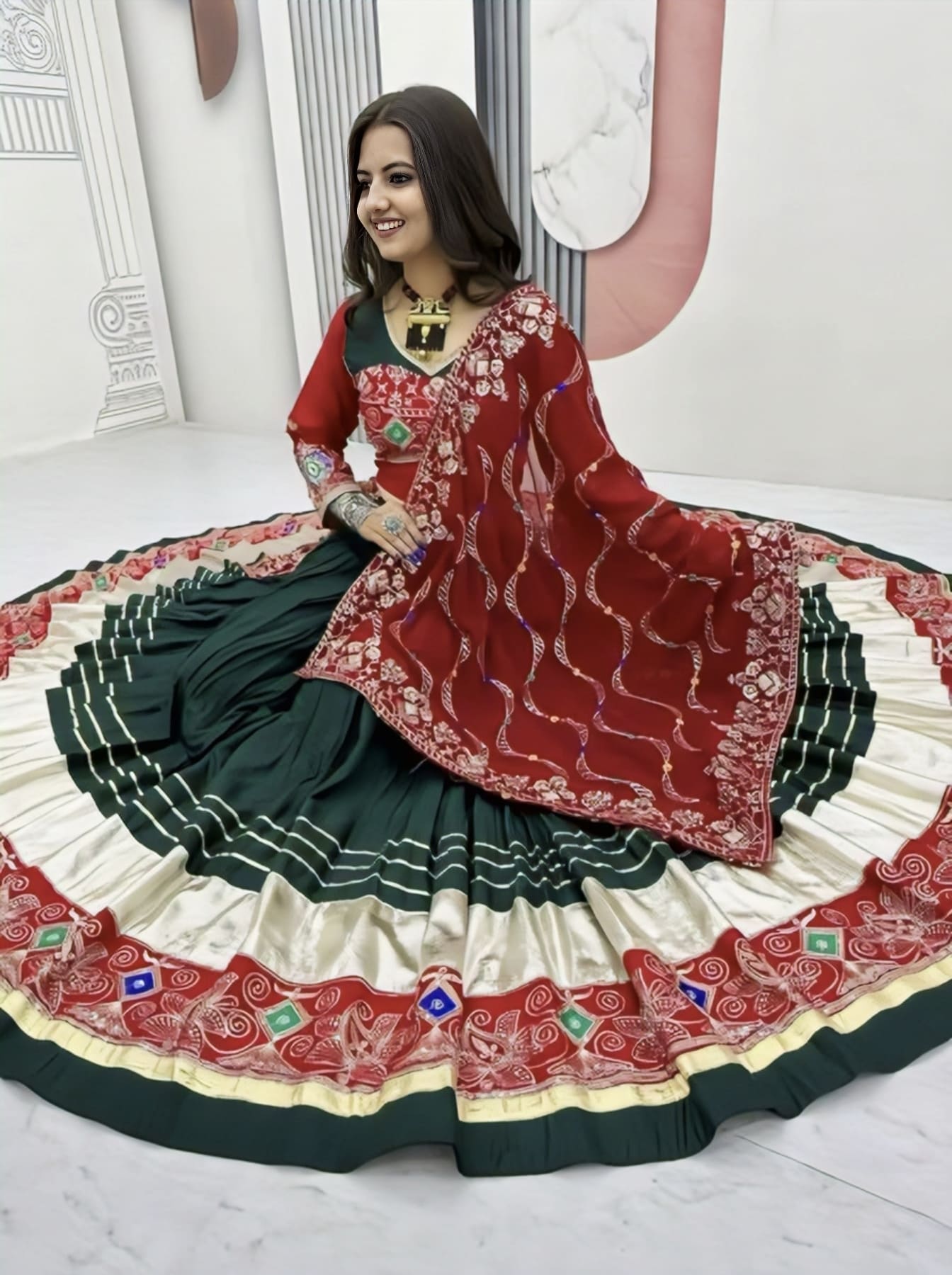 Green Red Cotton Navratri Lehenga Choli with Embroidery & Sequins Work