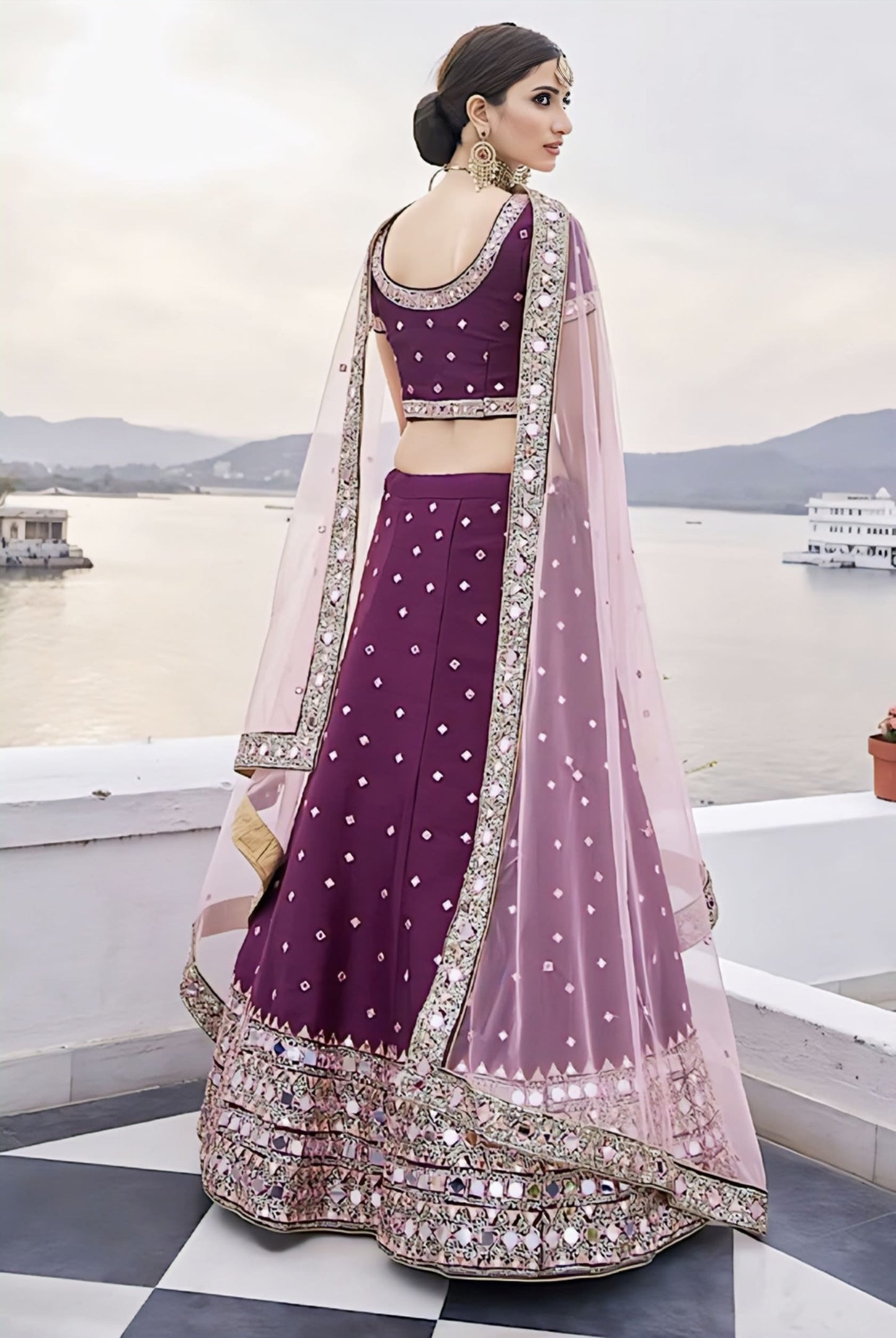 Wine Silk Lehenga with Heavy Mirror Embroidery & Pink Dupatta
