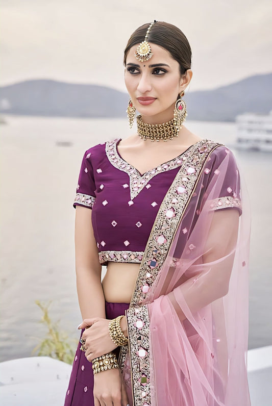 Wine Silk Lehenga with Heavy Mirror Embroidery & Pink Dupatta