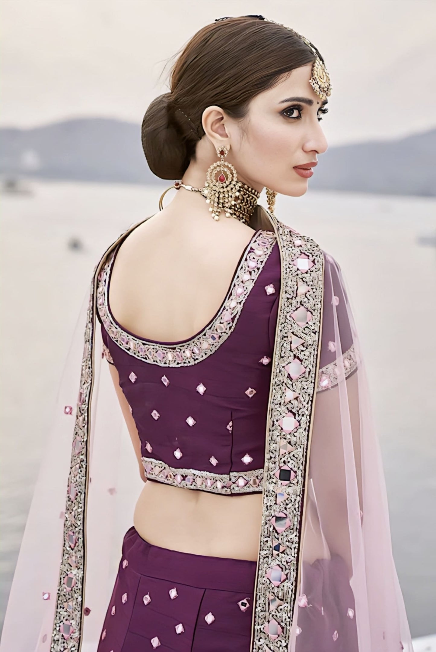 Wine Silk Lehenga with Heavy Mirror Embroidery & Pink Dupatta