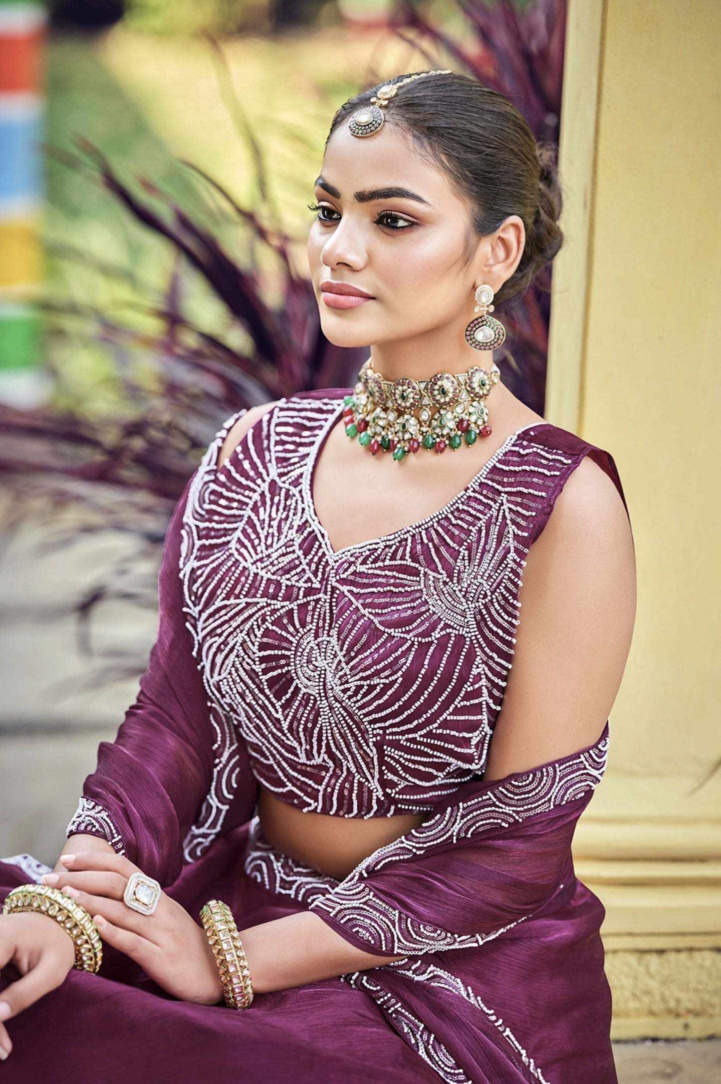 Wine Embroidered Silk Lehenga Choli with Sequins Work & Dupatta