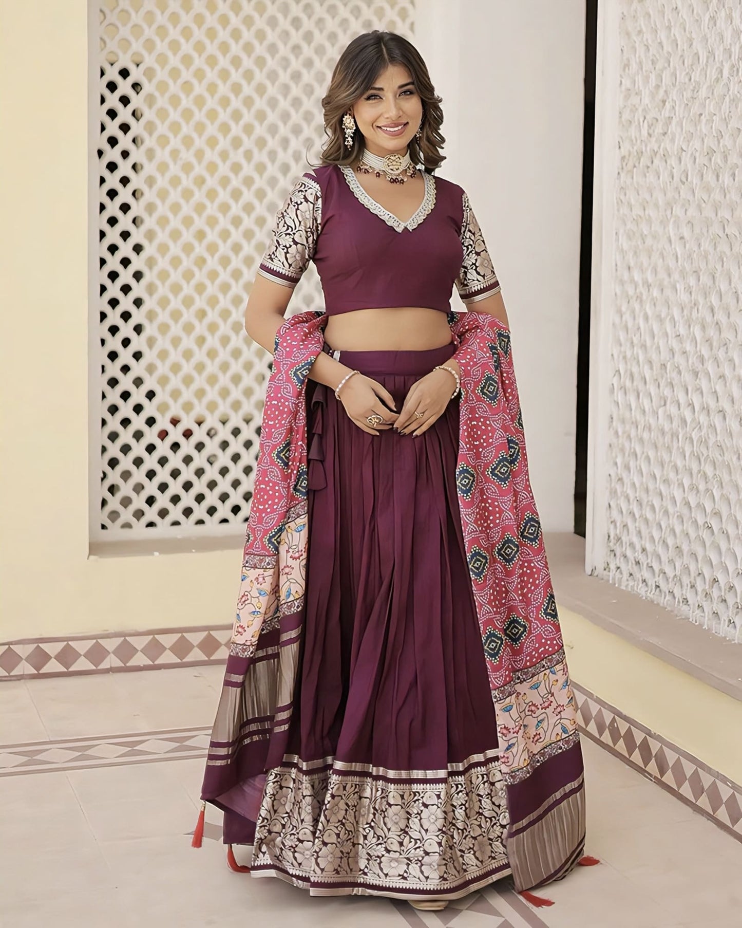 Wine Jacquard Lehenga Choli with Gaji Silk Dupatta