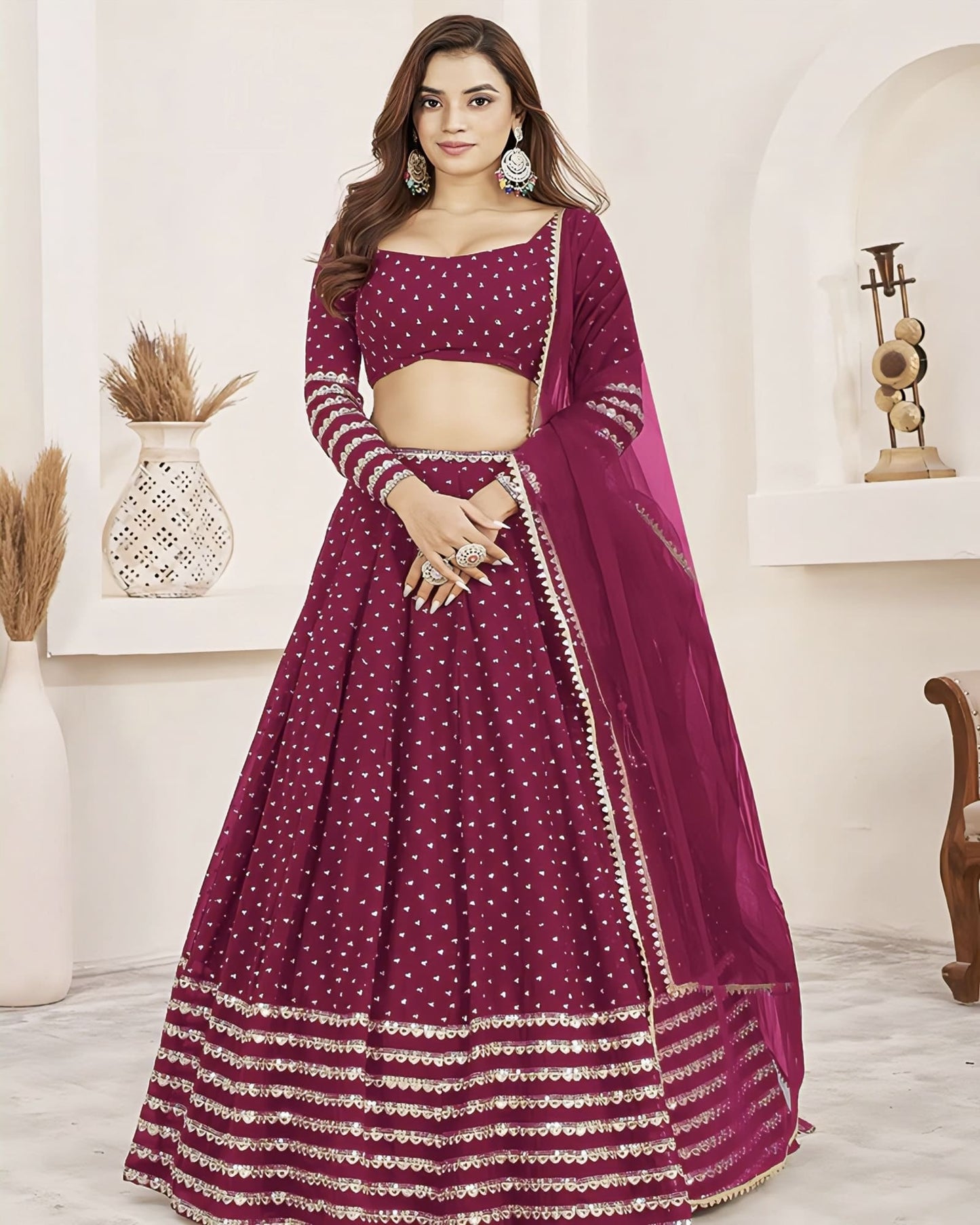 Pink georgette lehenga choli with sequins zari embroidery, matching blouse, and soft net dupatta for wedding and festive wear