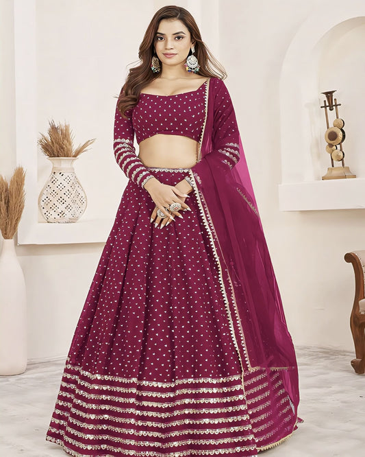 Pink georgette lehenga choli with sequins zari embroidery, matching blouse, and soft net dupatta for wedding and festive wear