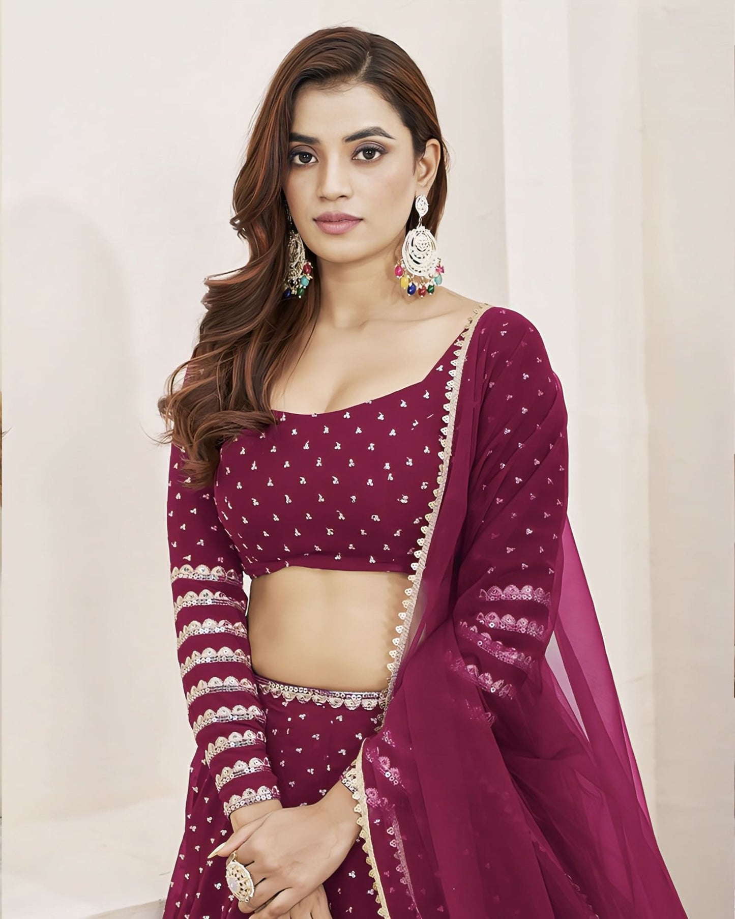 Pink Georgette Lehenga Choli with Sequins Zari Embroidery & Net Dupatta