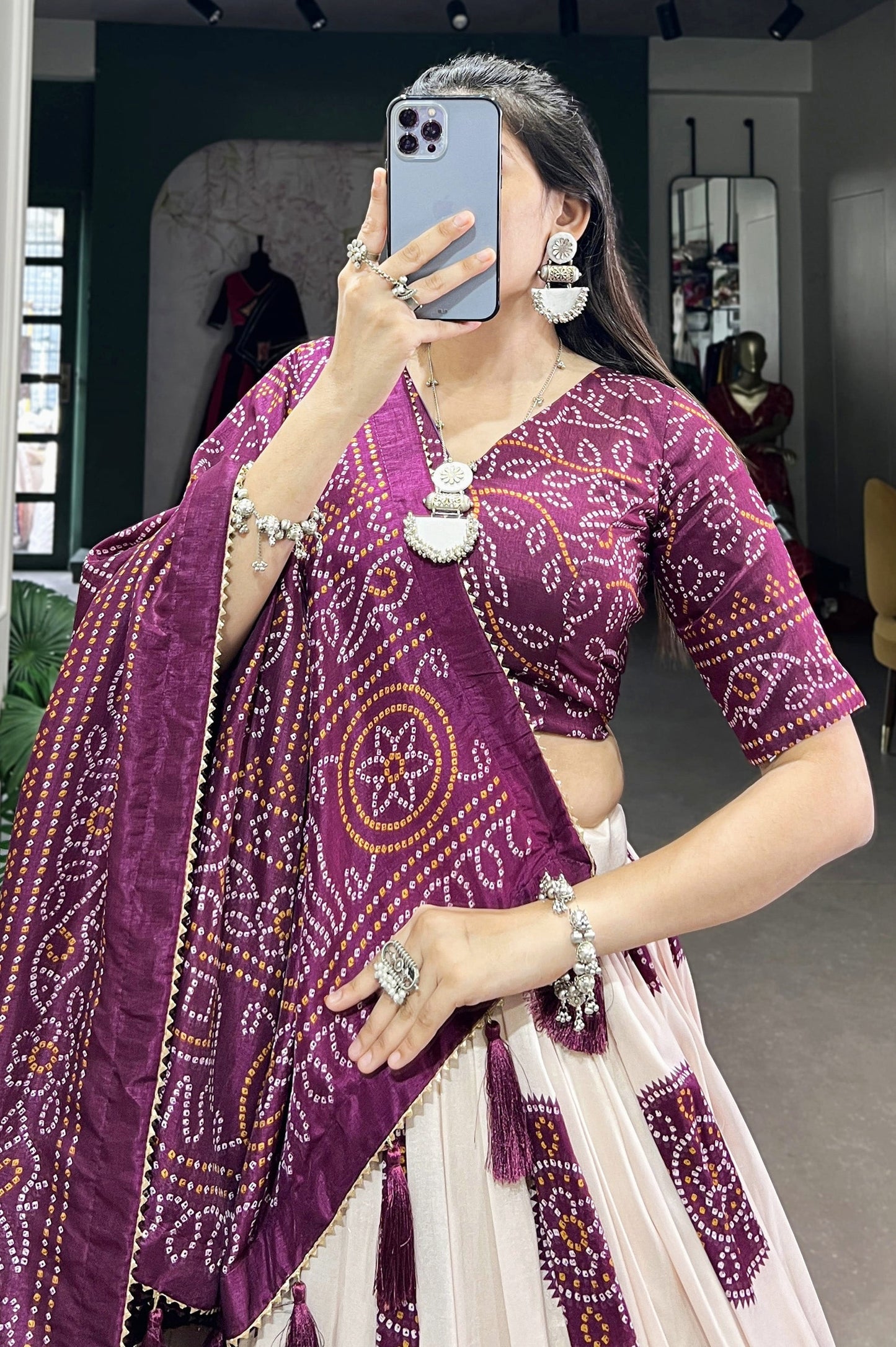Wine Bandhani Printed Tussar Silk Lehenga Choli with Kalamkari Work & Dupatta