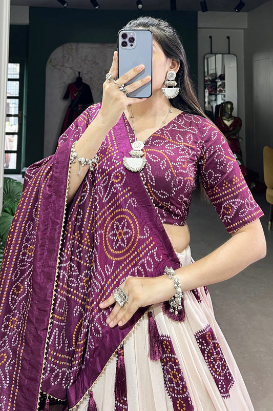 Wine Bandhani Printed Tussar Silk Lehenga Choli with Kalamkari Work & Dupatta