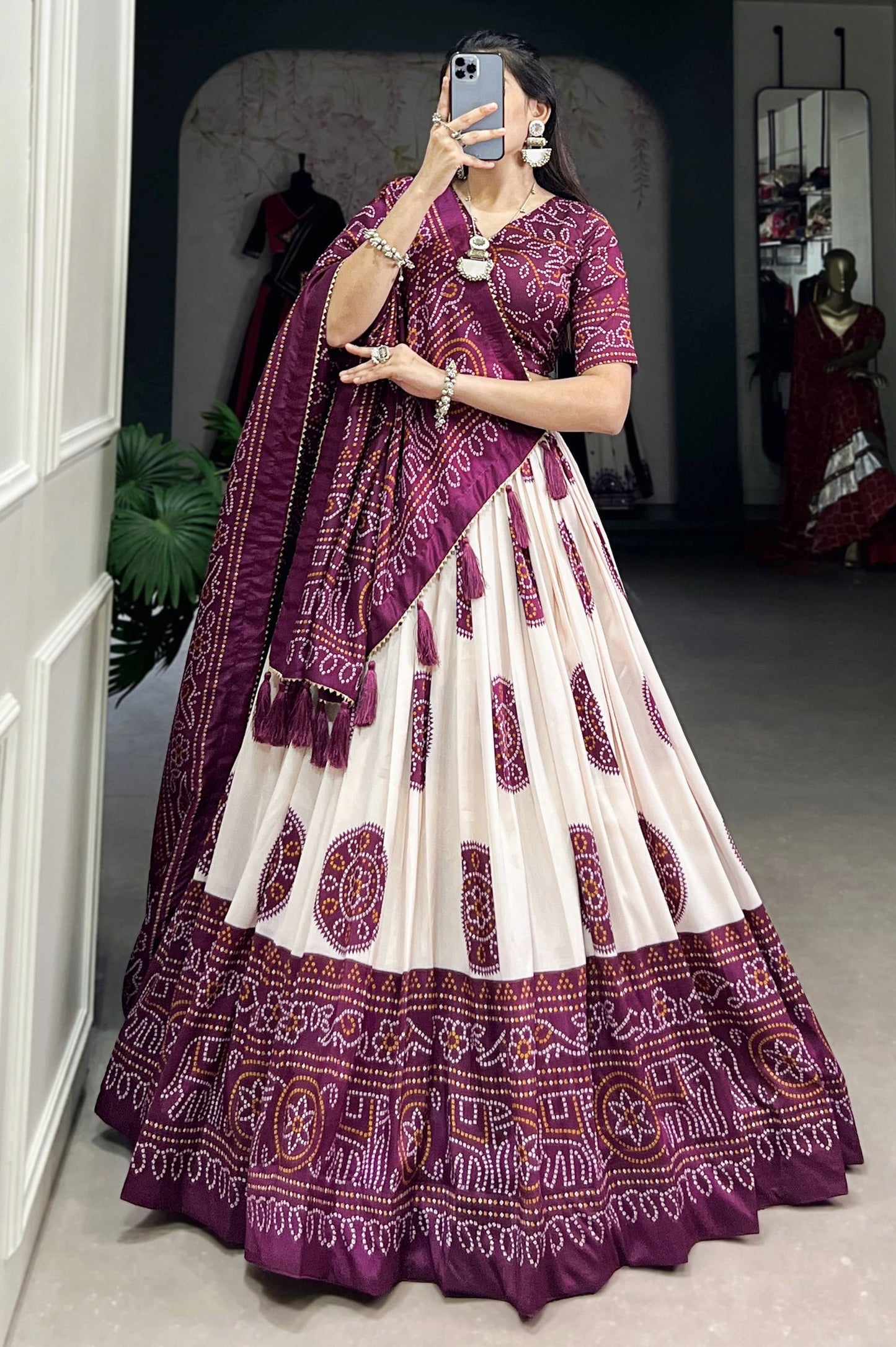Wine Bandhani Printed Tussar Silk Lehenga Choli with Kalamkari Work & Dupatta