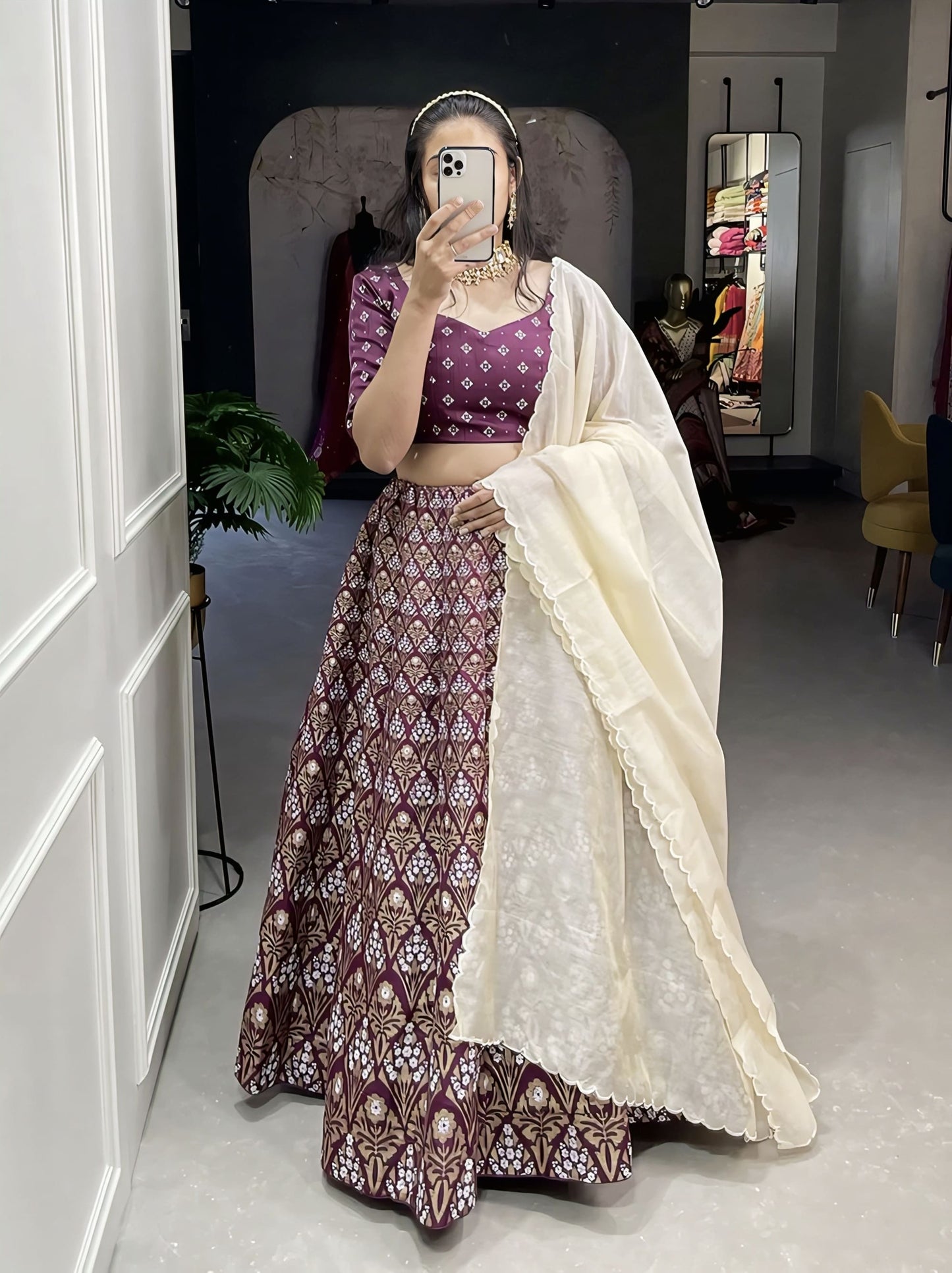 Wine Aada slub silk foil printed lehenga choli with jacquard texture and Chanderi dupatta for wedding and festive wear